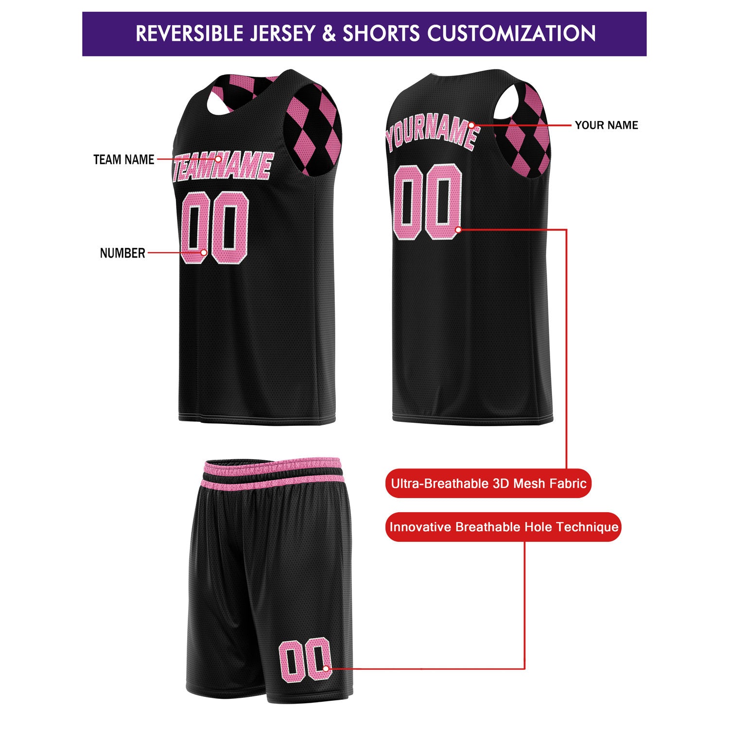 Custom Reversible Basketball Jersey + Shorts Set (Pink & Black) - Personalized Team Name, Number & LOGO | Vosoli