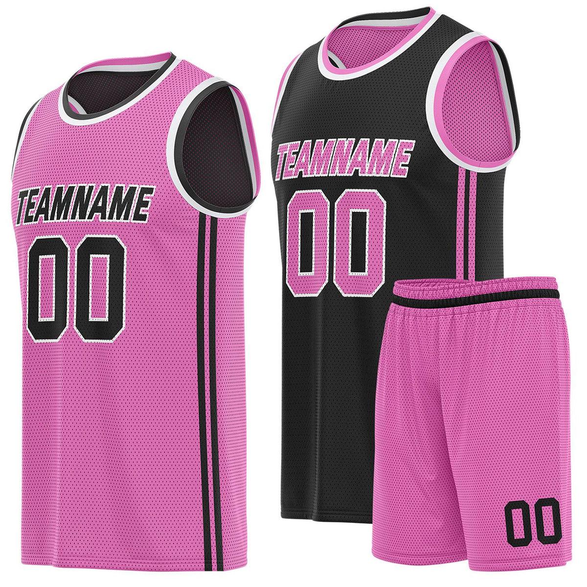 Custom reversible pink &amp; black basketball uniform (jersey + shorts), personalized team name number logo breathable mesh sports set for men women youth game practice - Vosoli