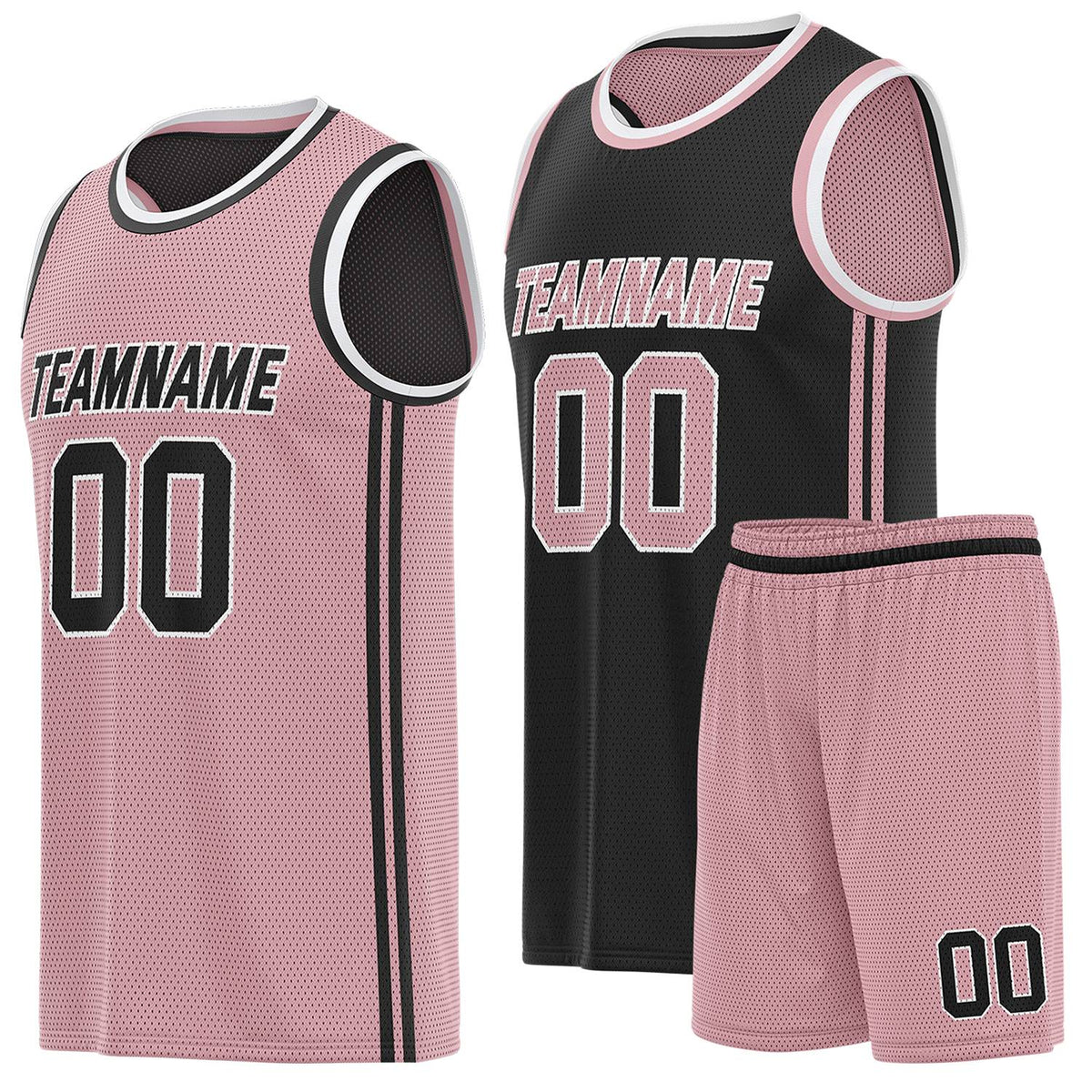 Custom reversible pink &amp; black basketball uniform (jersey + shorts), personalized team name number logo breathable mesh sports set for men women youth game practice - Vosoli