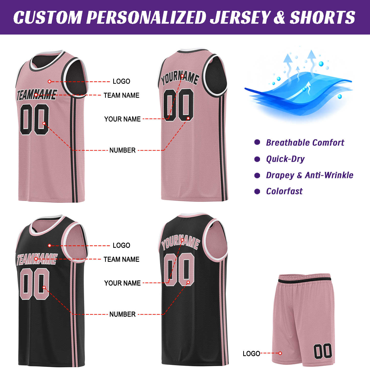 Custom Reversible Pink & Black Basketball Uniform | Jersey & Shorts Set - Vosoli