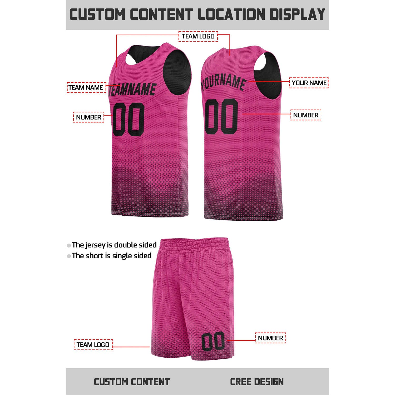 Custom reversible pink black basketball uniform, personalized team name number logo breathable Mesh sports set for men women youth game practice wear - Vosoli