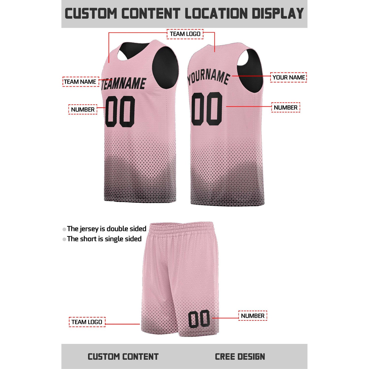 Custom reversible pink black basketball uniform, personalized team name number logo breathable Mesh sports set for men women youth game practice wear - Vosoli