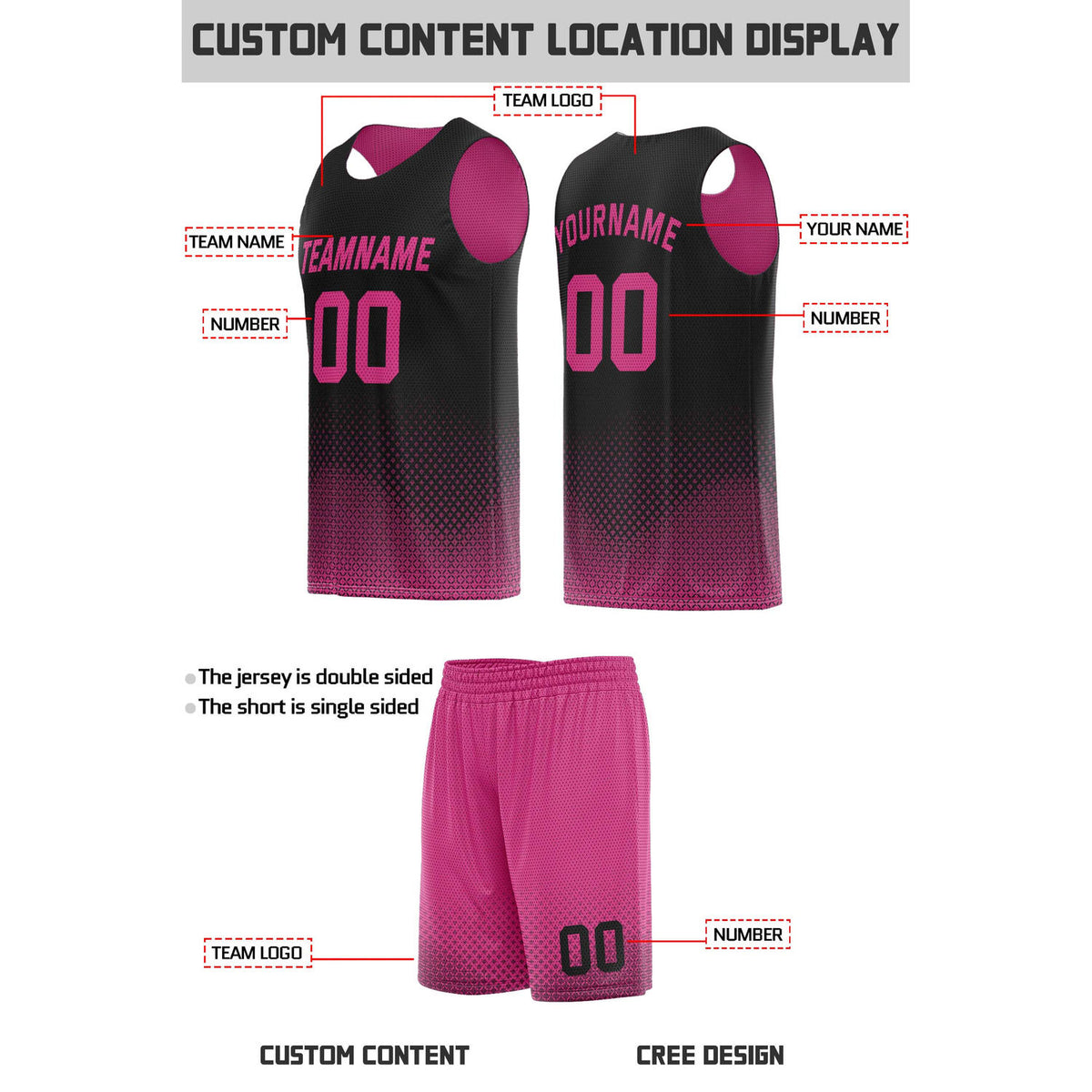 Custom Reversible Pink & Black Mesh Basketball Uniform | Personalized Team Set | Vosoli