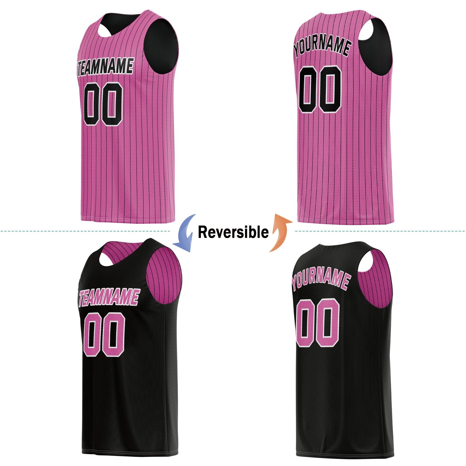 Custom Reversible Pink Black Pinstripe Basketball Jersey, Personalized Team Name Number Breathable Mesh Uniform for Men Women Youth