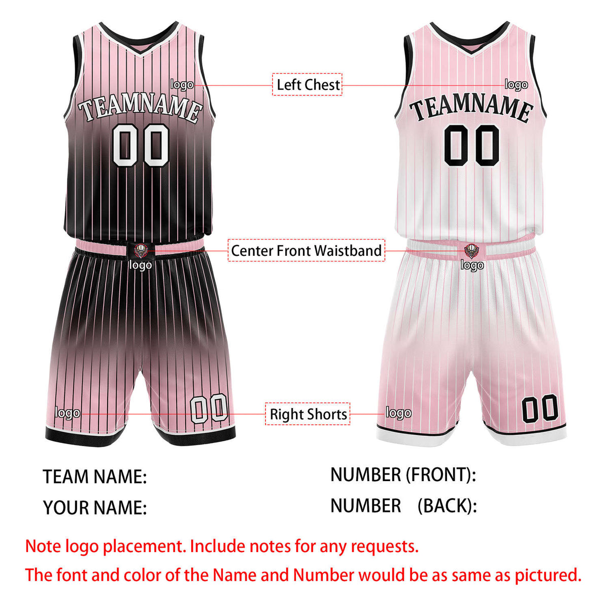 Custom Reversible Pink Black White Gradient Striped Basketball Uniform Set | Team & Player Name - Vosoli
