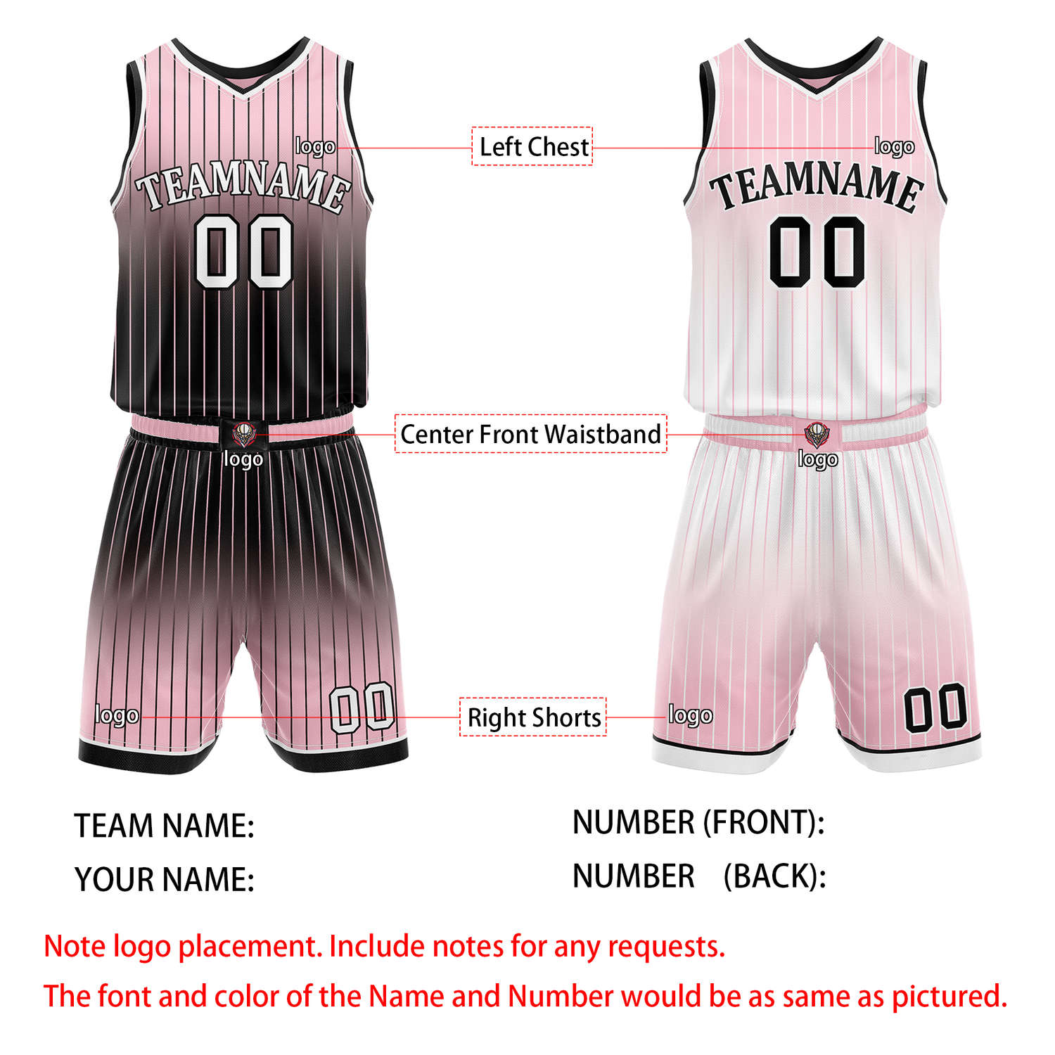 Custom Reversible Pink Black White Gradient Striped Basketball Uniform Set | Team & Player Name - Vosoli