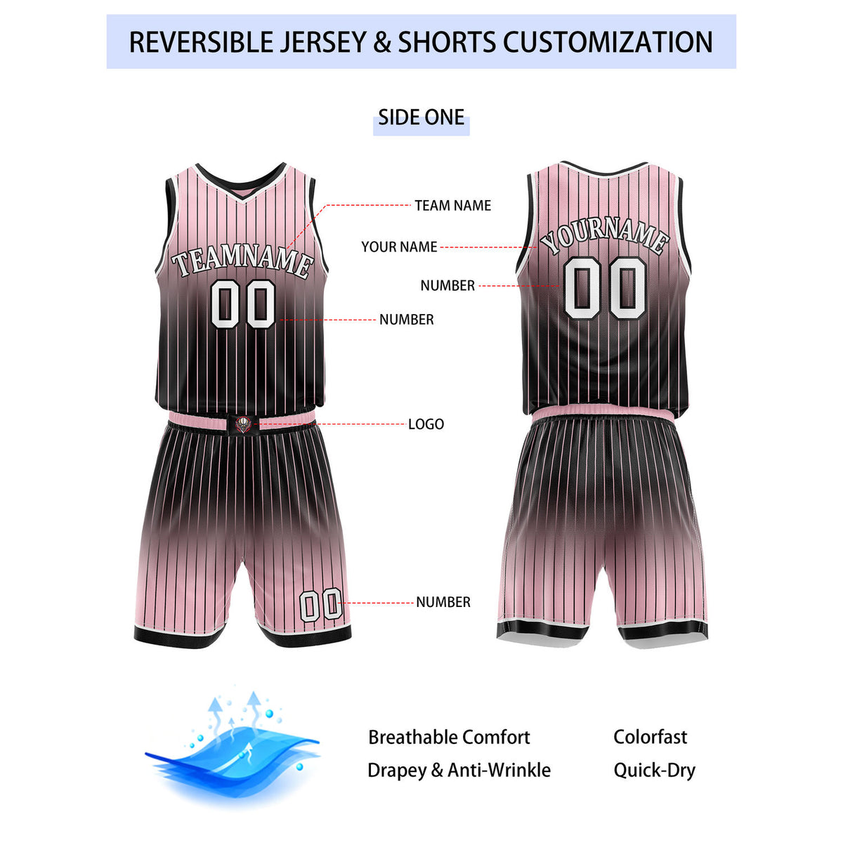 Custom Reversible Pink Black White Gradient Striped Basketball Uniform Set | Team & Player Name - Vosoli