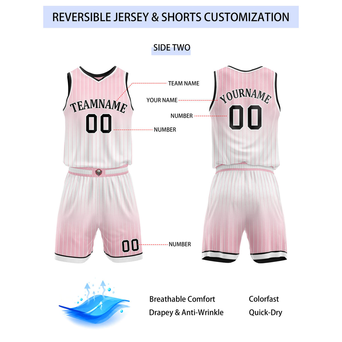 Custom Reversible Pink Black White Gradient Striped Basketball Uniform Set | Team & Player Name - Vosoli