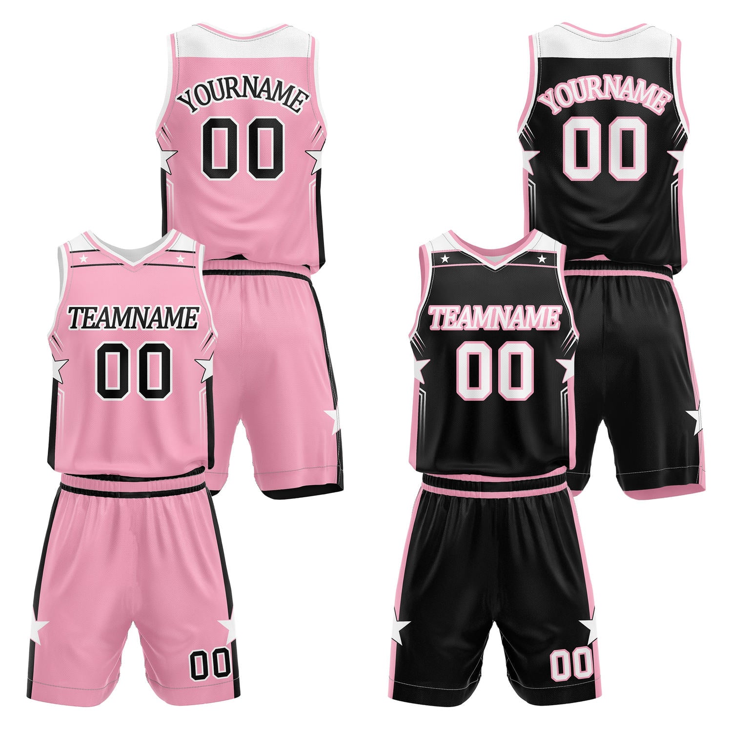 Custom reversible pink & black basketball uniform set, personalized with team name number and logo, breathable mesh fabric for men women youth game practice - Vosoli