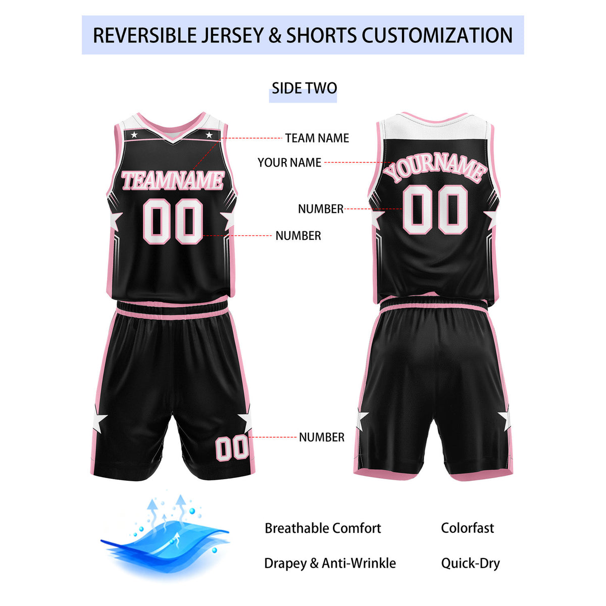 Custom Reversible Pink Black White Star Basketball Uniform Set | Team Name & Number - Vosoli