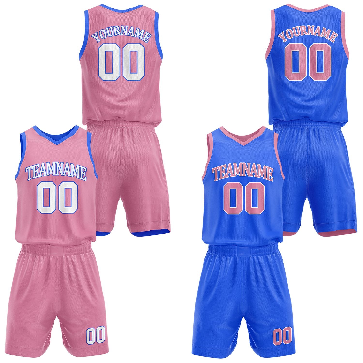 Custom reversible pink & blue basketball uniform set, personalized with team name number and logo, sports jersey and shorts for men women youth game practice - Vosoli
