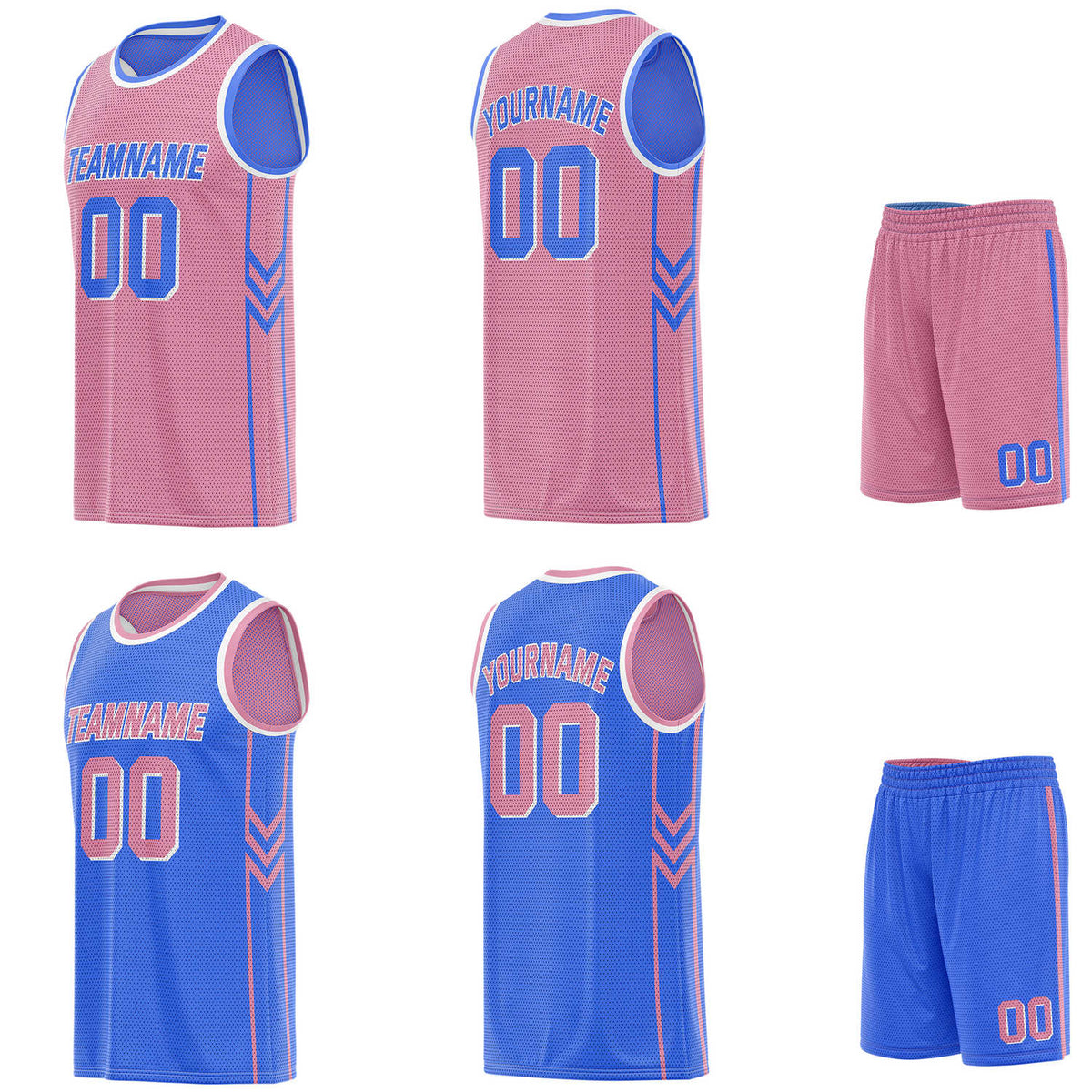 Custom reversible pink &amp; blue basketball uniform set, personalized with team name number and logo, breathable mesh fabric for men women youth game practice - Vosoli
