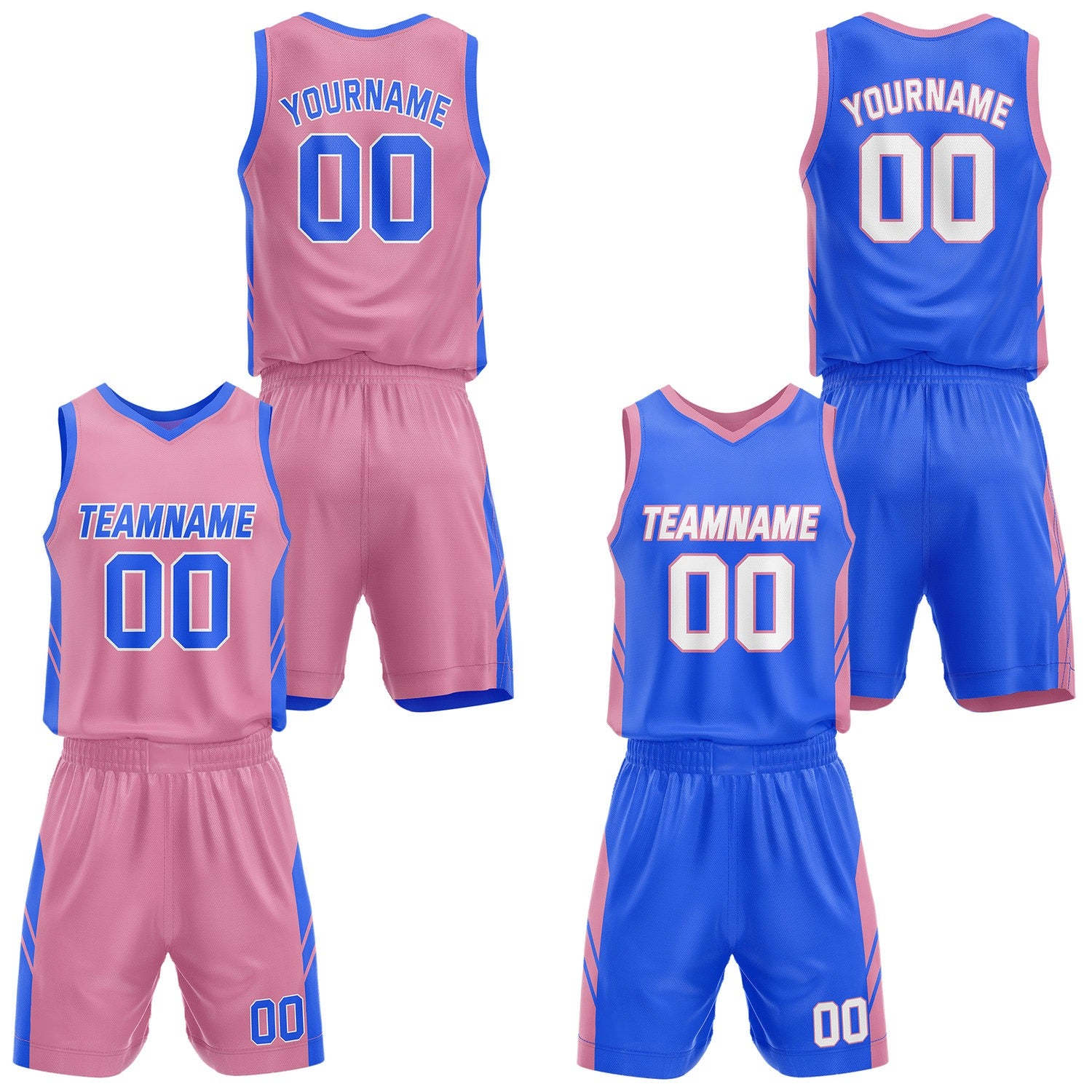 Custom Reversible Pink Blue Basketball Jersey and Shorts Set, Personalized Team Name Number Breathable Mesh Uniform for Men Women Youth