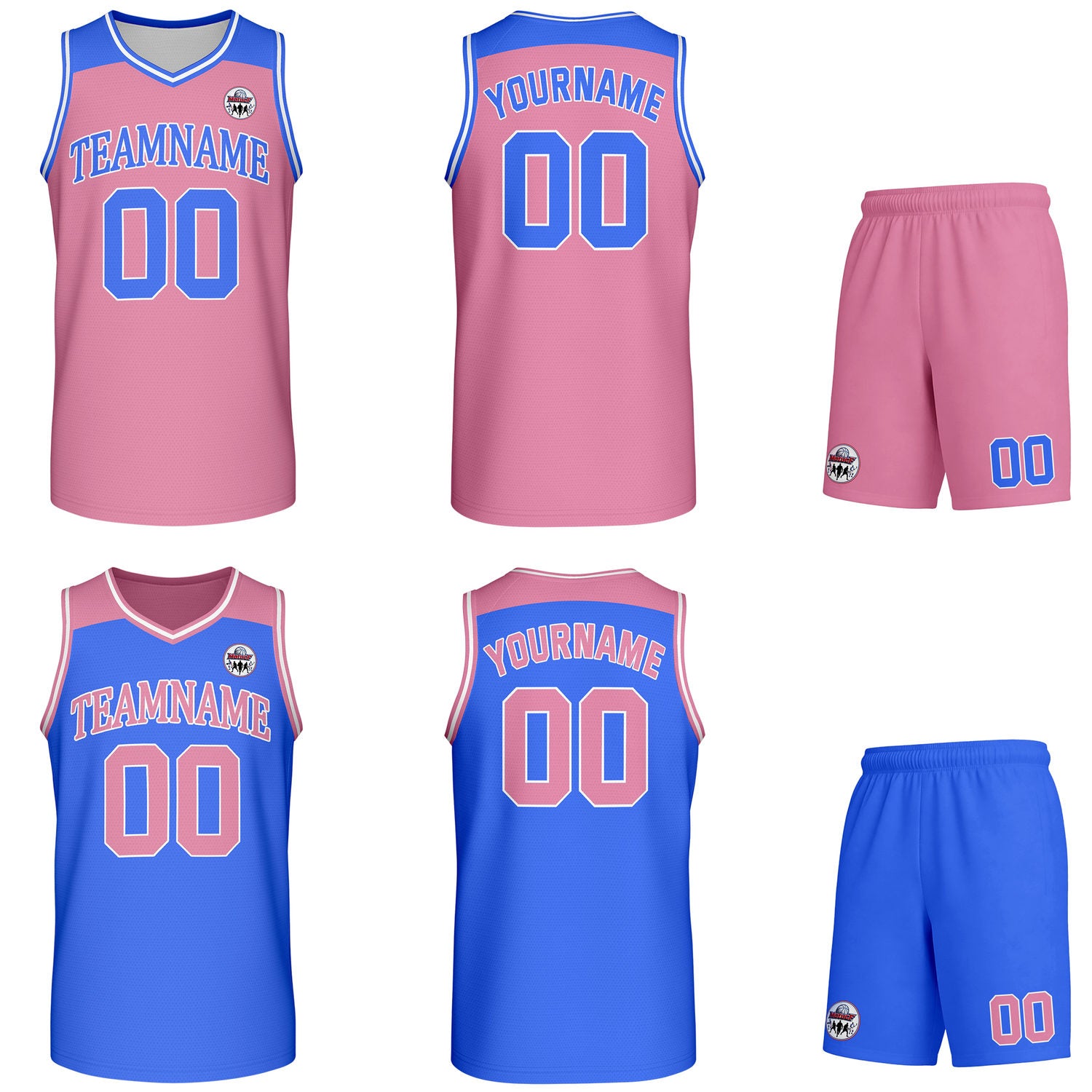Custom reversible pink & blue basketball uniform set, personalized with team name number and logo, breathable mesh fabric for men women youth game practice - Vosoli