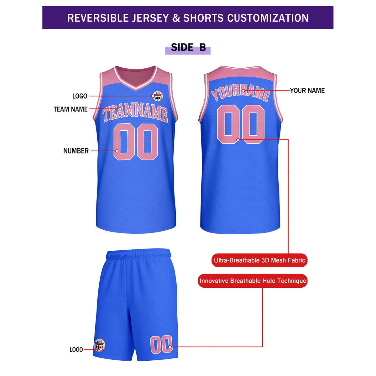 Custom Reversible Pink Blue Basketball Uniform Set | Team Name & Number - Vosoli