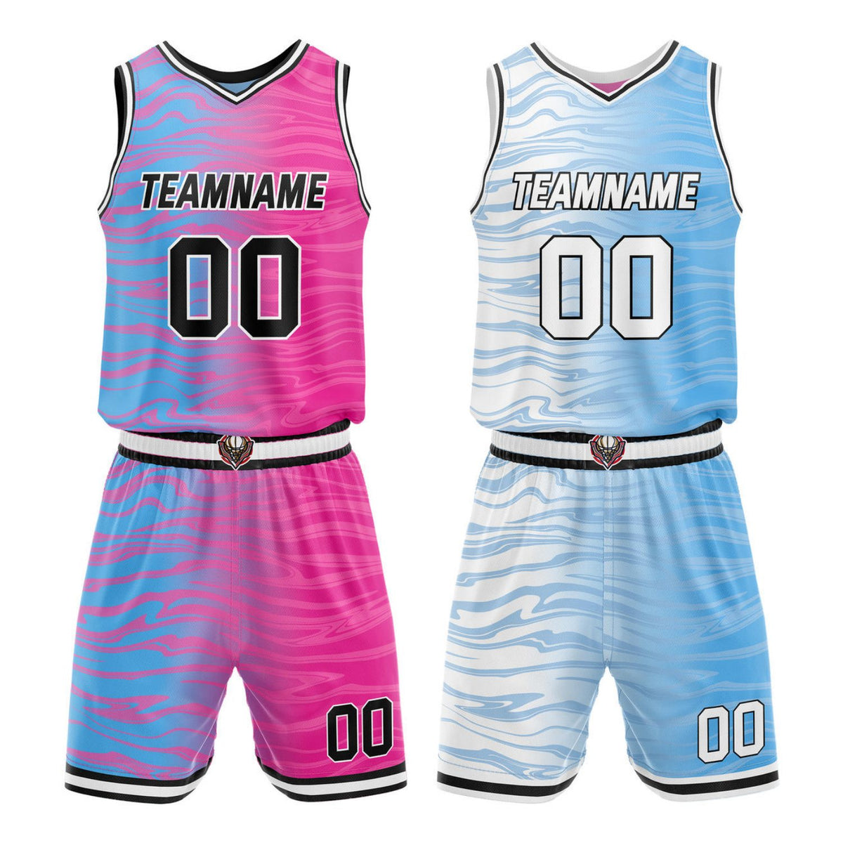 Custom Reversible Pink &amp; Blue Gradient Wave Basketball Jersey Set - Personalized Team Name, Number &amp; LOGO | Vosoli