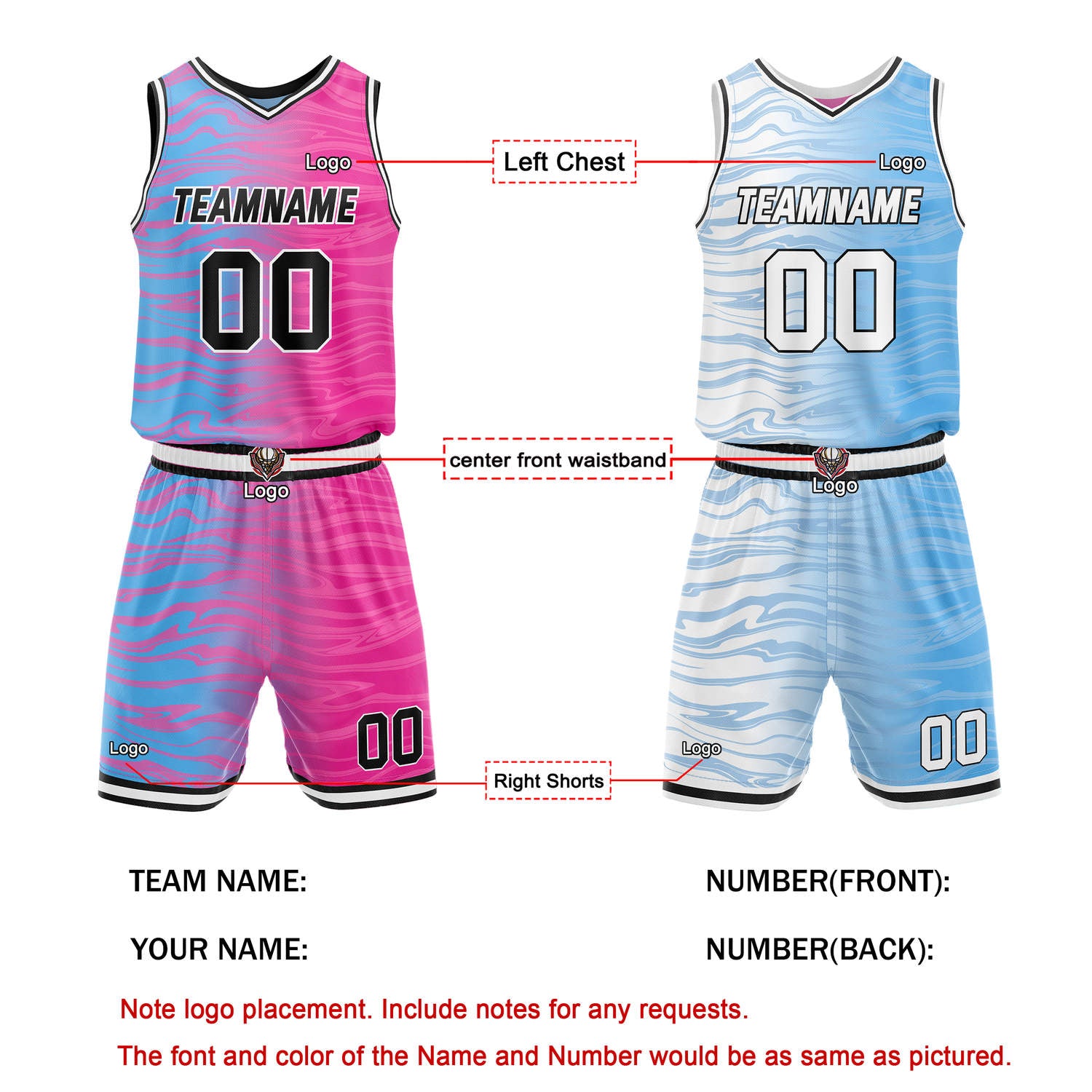 Custom Reversible Pink & Blue Gradient Wave Basketball Jersey Set - Personalized Team Name, Number & LOGO | Vosoli