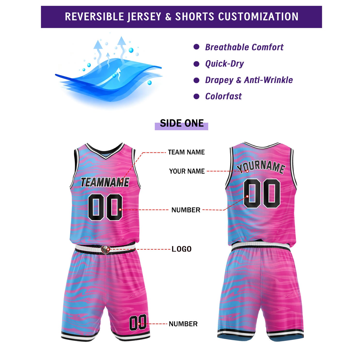 Custom Reversible Pink & Blue Gradient Wave Basketball Jersey Set - Personalized Team Name, Number & LOGO | Vosoli