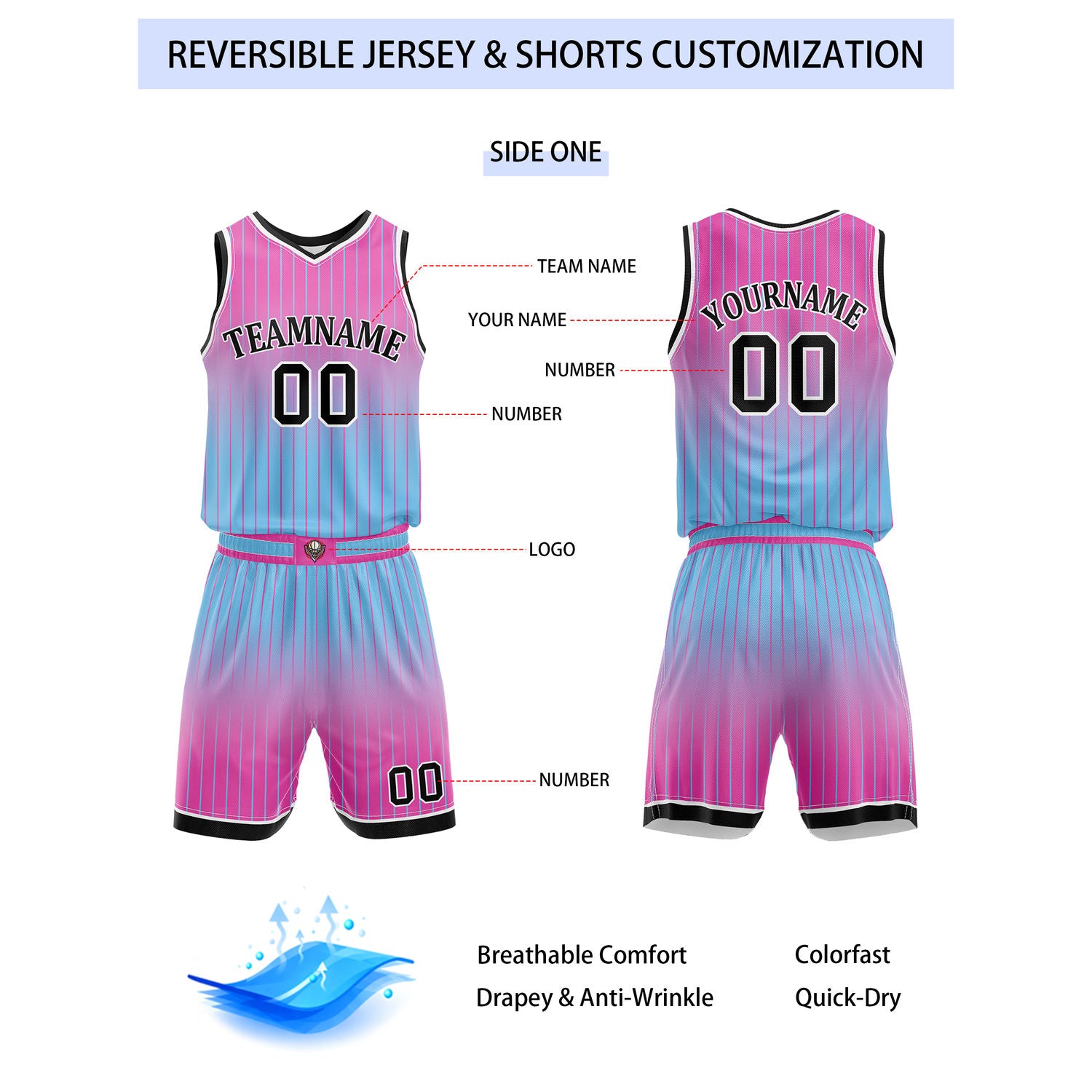 Custom Reversible Pink Blue Gradient Striped Basketball Uniform Set | Team & Player Name - Vosoli