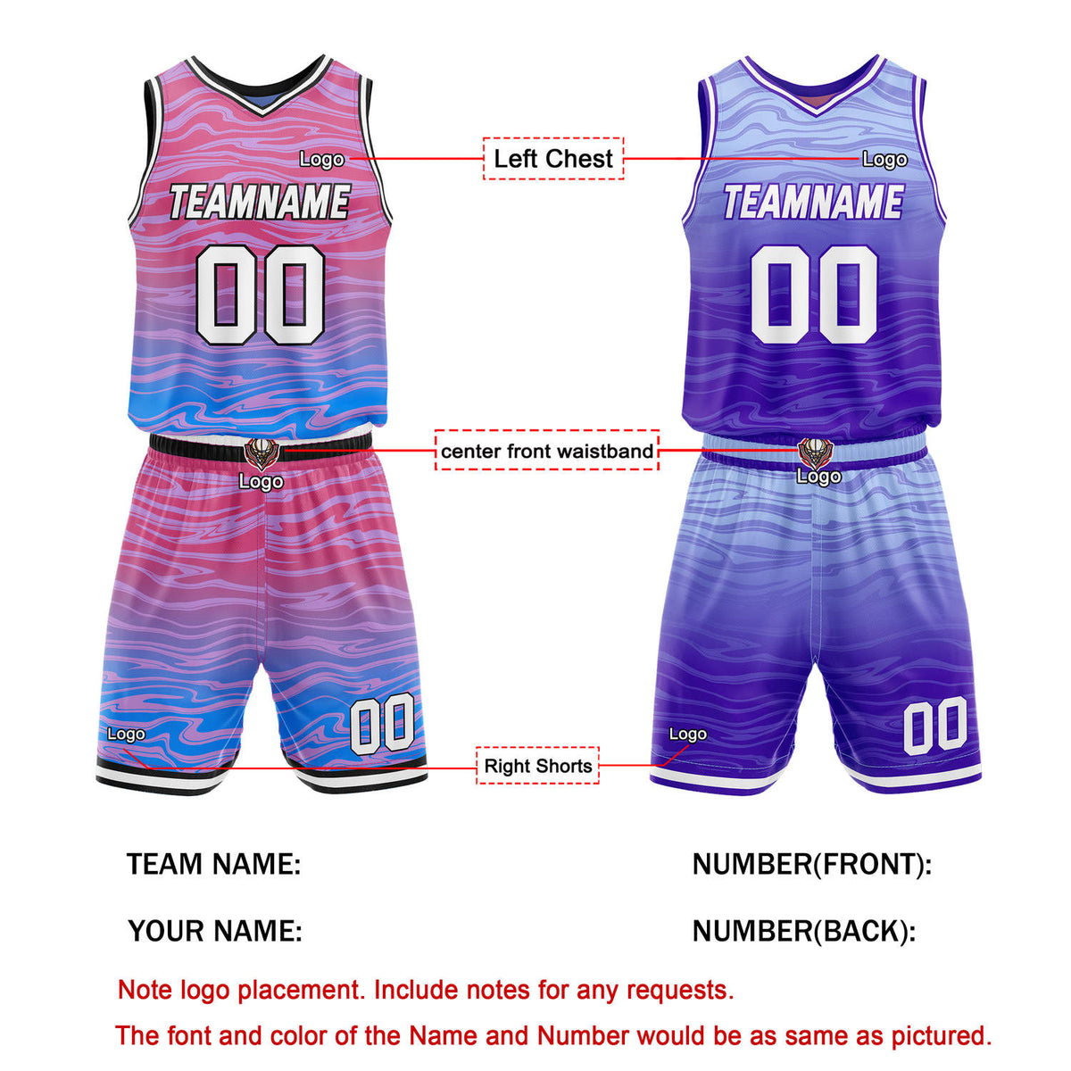 Custom Reversible Pink-Blue & Purple-Gradient Basketball Jersey Set - Personalized Team Name, Number & LOGO | Vosoli