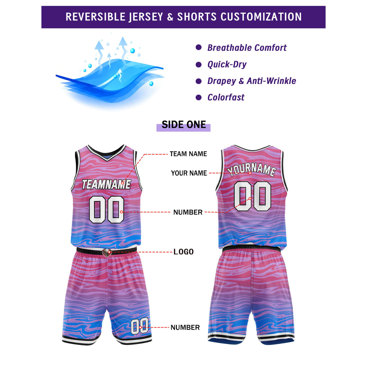 Custom Reversible Pink-Blue & Purple-Gradient Basketball Jersey Set - Personalized Team Name, Number & LOGO | Vosoli
