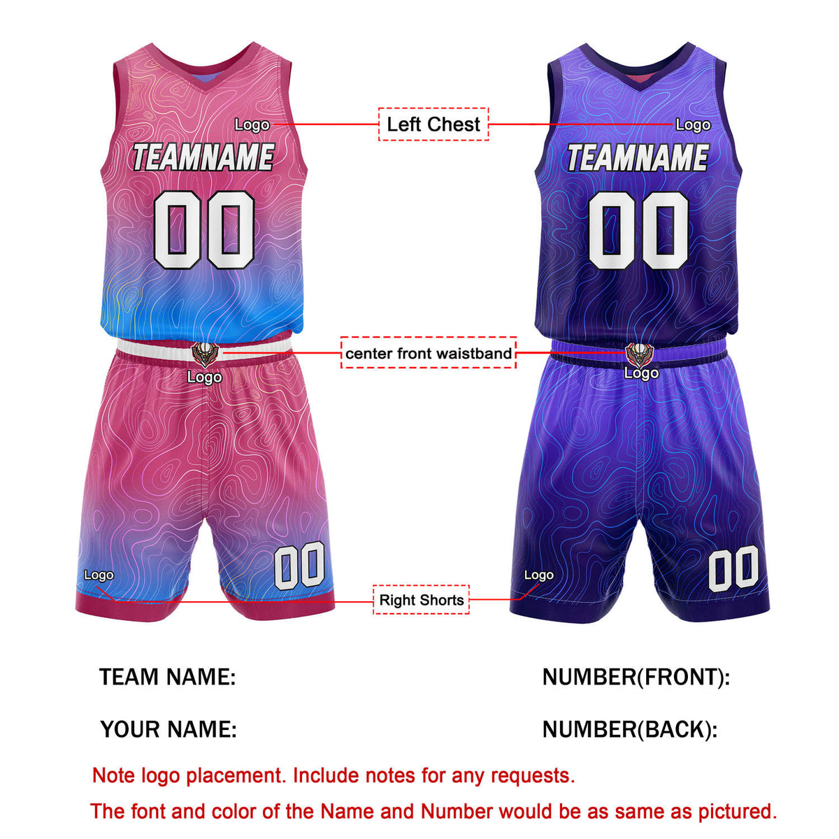 Custom Reversible Pink-Blue & Purple Wave Basketball Jersey Set - Personalized Team Name, Number & LOGO | Vosoli
