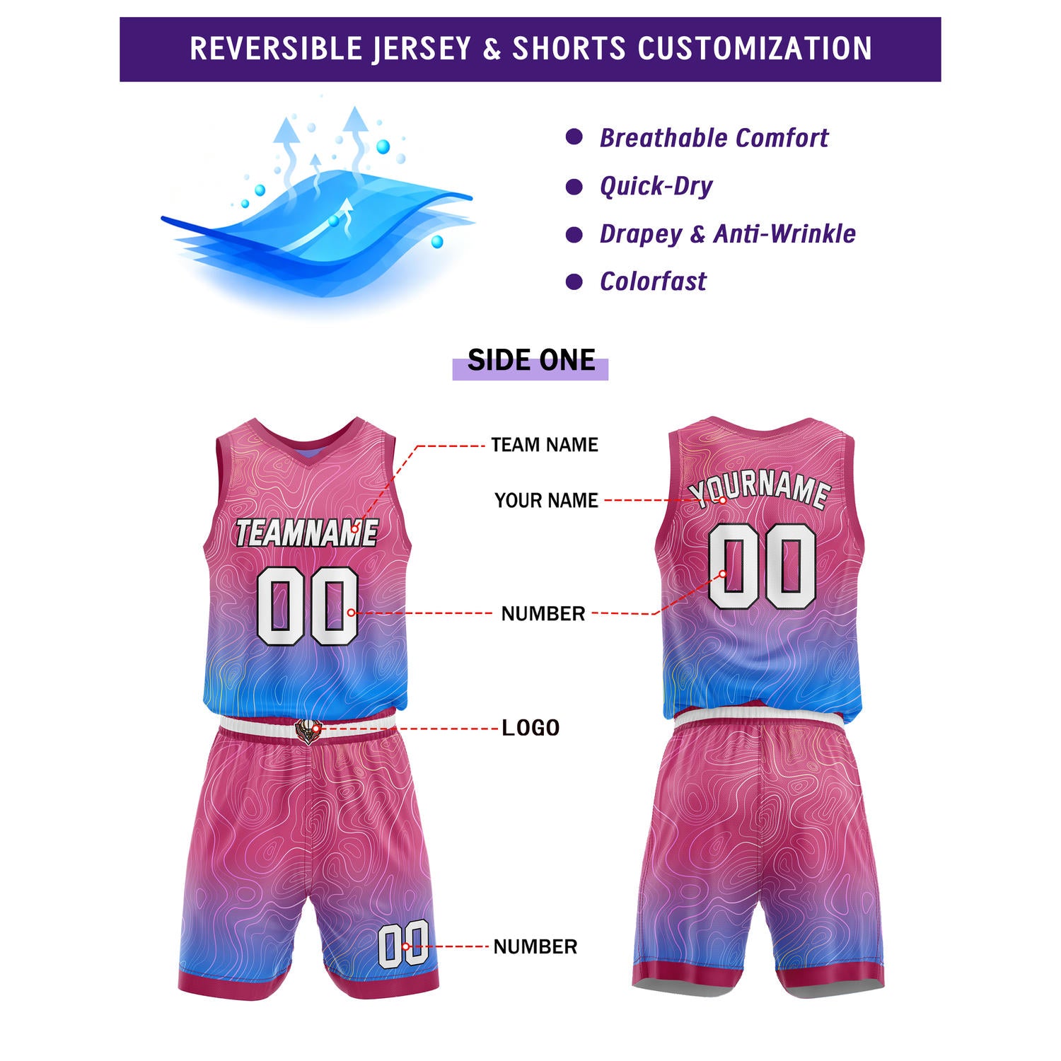 Custom Reversible Pink-Blue & Purple Wave Basketball Jersey Set - Personalized Team Name, Number & LOGO | Vosoli