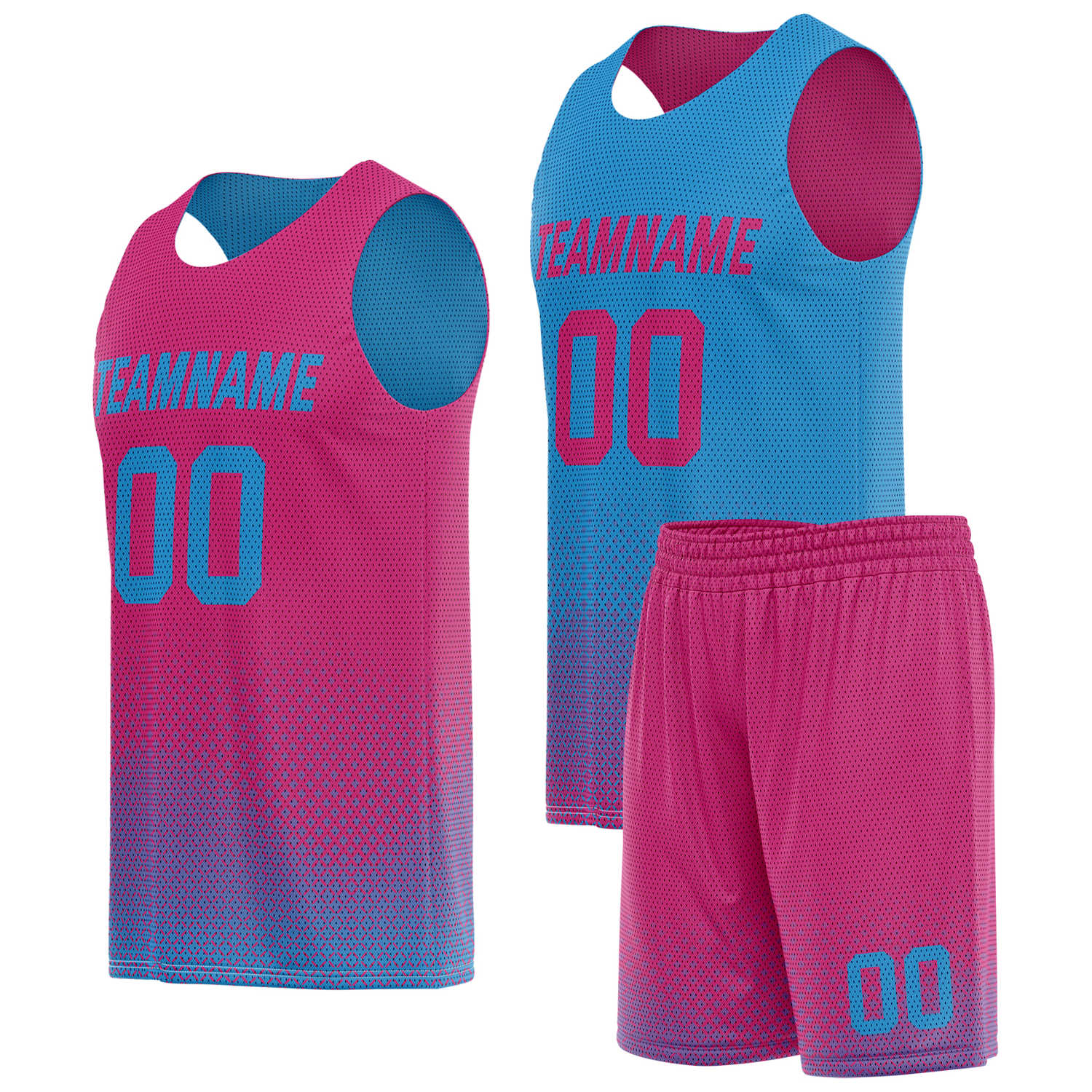 Custom reversible pink cyan basketball uniform, personalized team name number logo breathable Mesh sports set for men women youth game practice wear - Vosoli