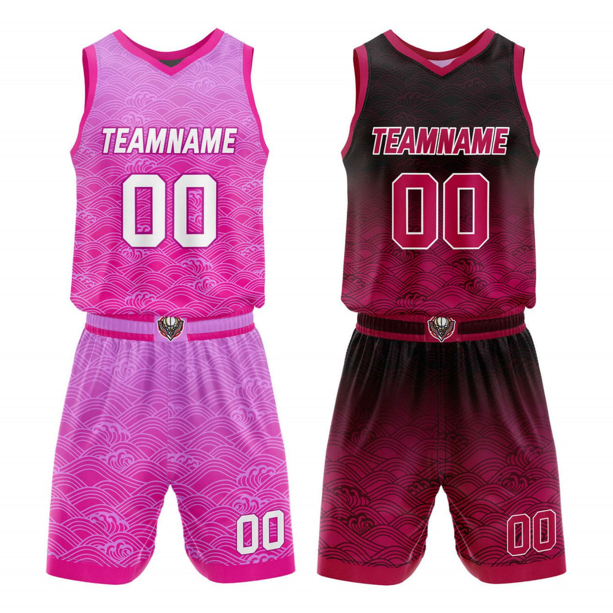 Custom Reversible Basketball Jersey + Shorts Set (Pink Gradient Wave Pattern) - Personalized Team Name, Number &amp; LOGO | Vosoli