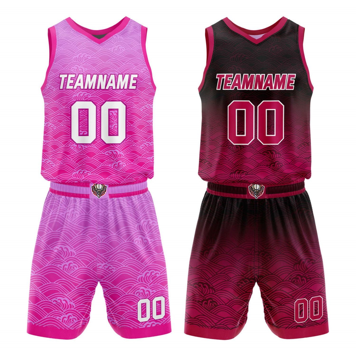 Custom Reversible Basketball Jersey + Shorts Set (Pink Gradient Wave Pattern) - Personalized Team Name, Number & LOGO | Vosoli