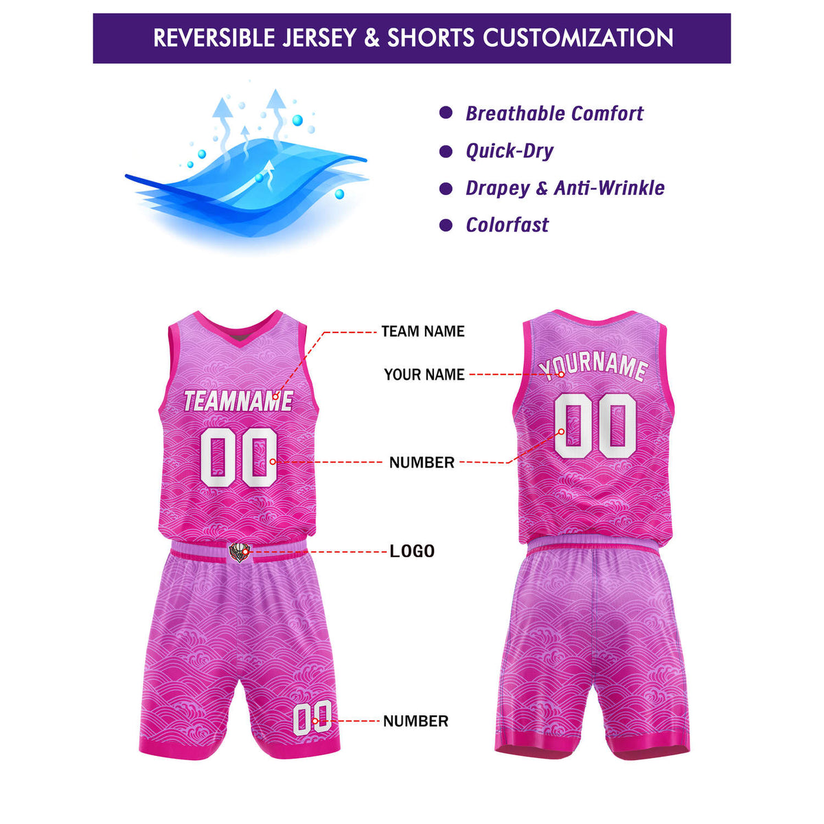 Custom Reversible Basketball Jersey + Shorts Set (Pink Gradient Wave Pattern) - Personalized Team Name, Number & LOGO | Vosoli