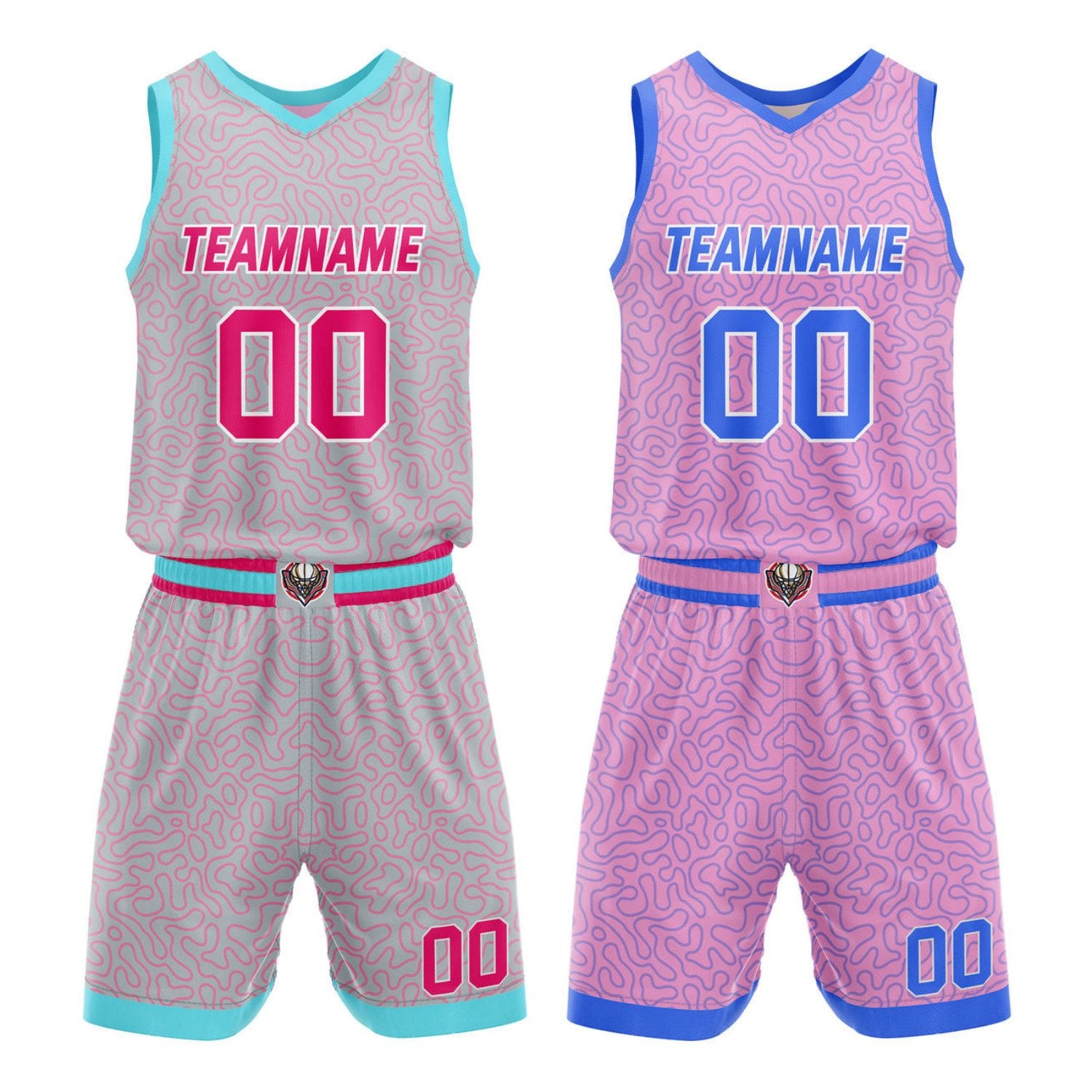 Custom Reversible Basketball Jersey + Shorts Set (Pink & Gray Pattern) - Personalized Team Name, Number & LOGO | Vosoli