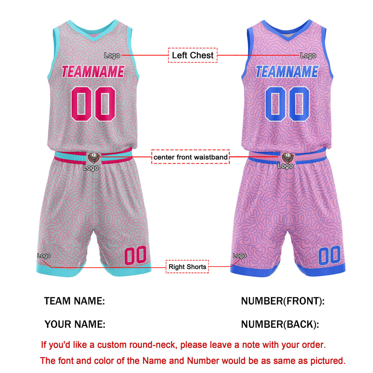 Custom Reversible Basketball Jersey + Shorts Set (Pink & Gray Pattern) - Personalized Team Name, Number & LOGO | Vosoli