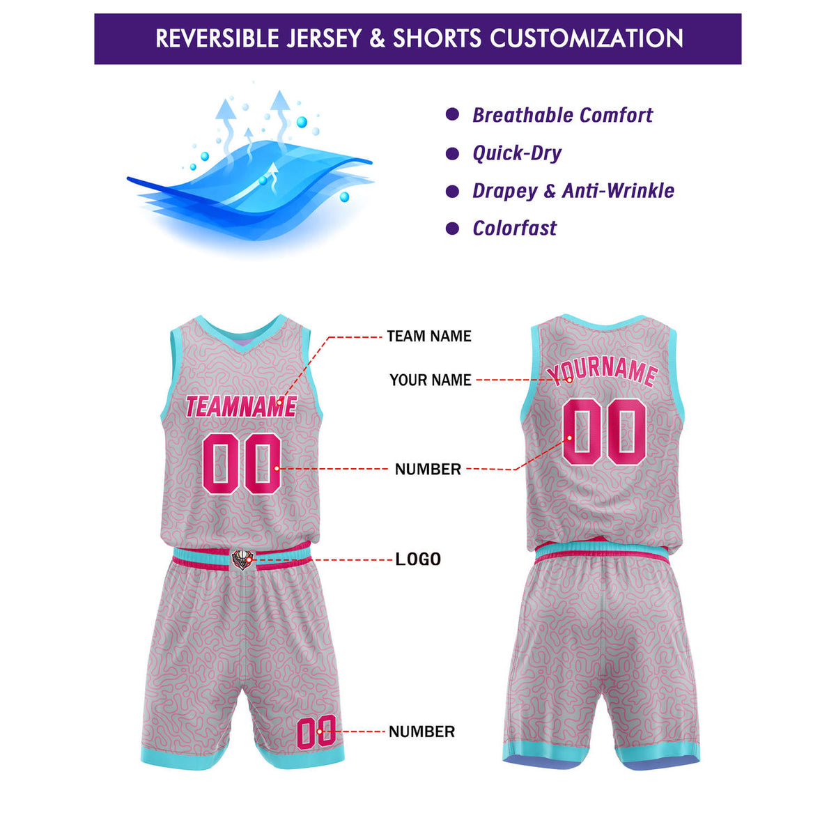 Custom Reversible Basketball Jersey + Shorts Set (Pink & Gray Pattern) - Personalized Team Name, Number & LOGO | Vosoli