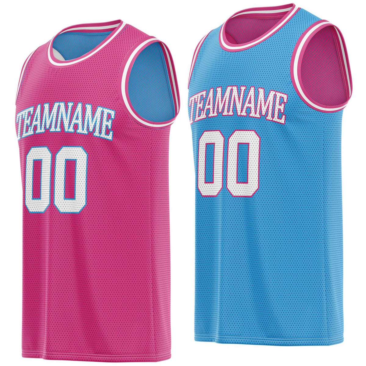 Custom reversible pink &amp; light blue basketball jersey, personalized team name number logo breathable mesh sports top for men women youth game practice - Vosoli