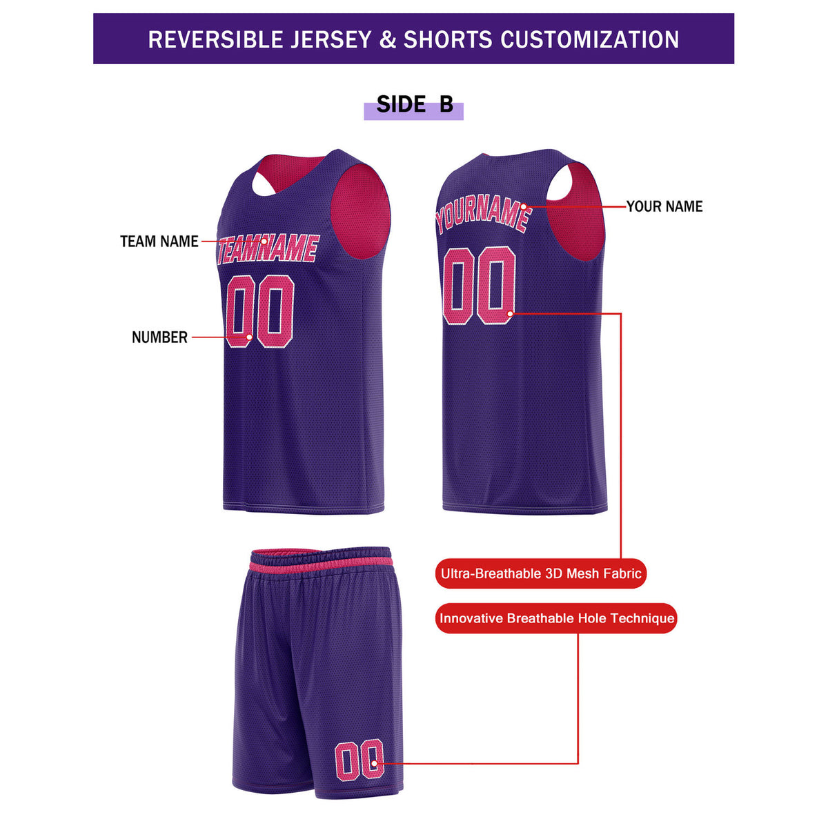 Custom Reversible Pink Navy Basketball Uniform Set | Team Name & Number - Vosoli