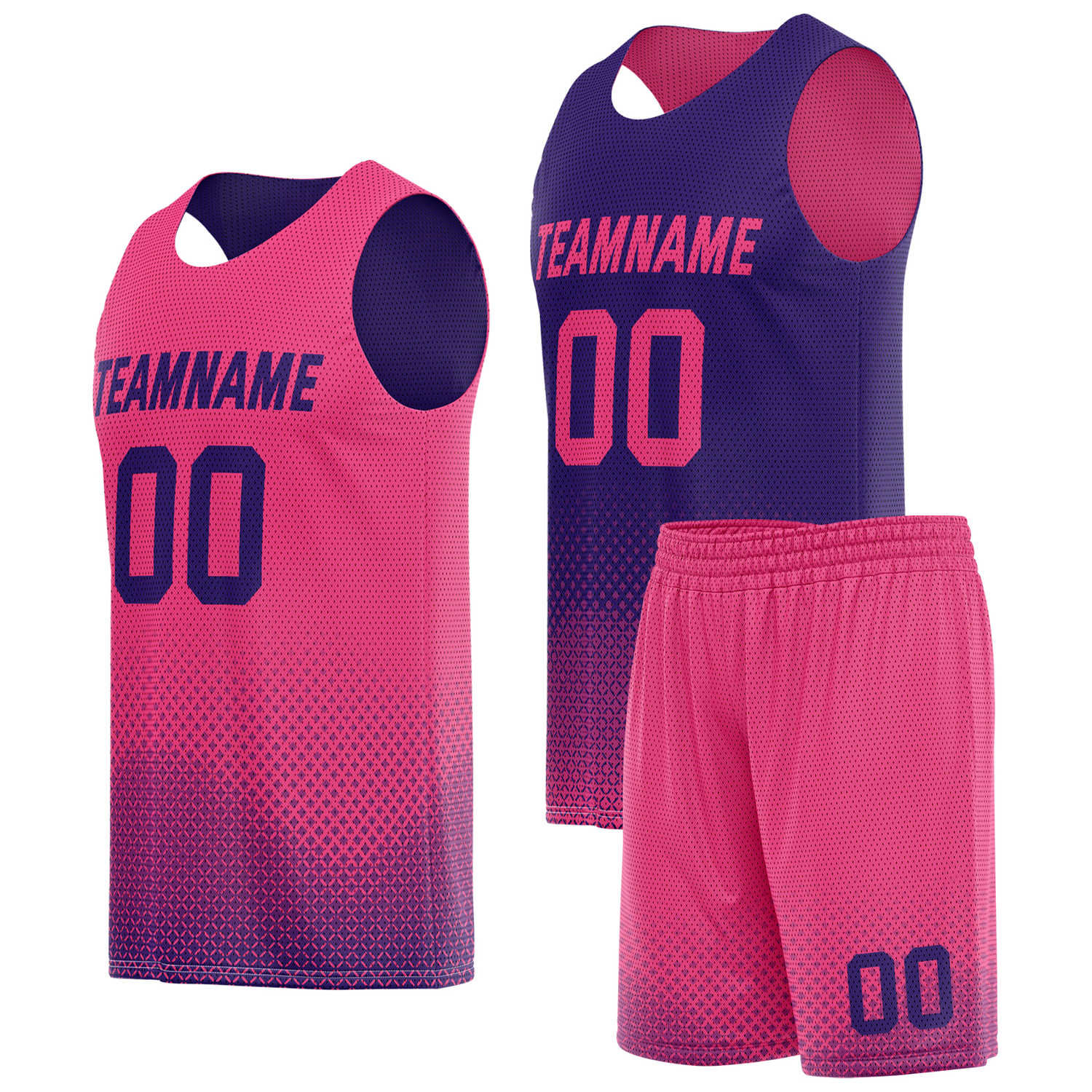 Custom reversible pink navy basketball uniform, personalized team name number logo breathable Mesh sports set for men women youth game practice wear - Vosoli