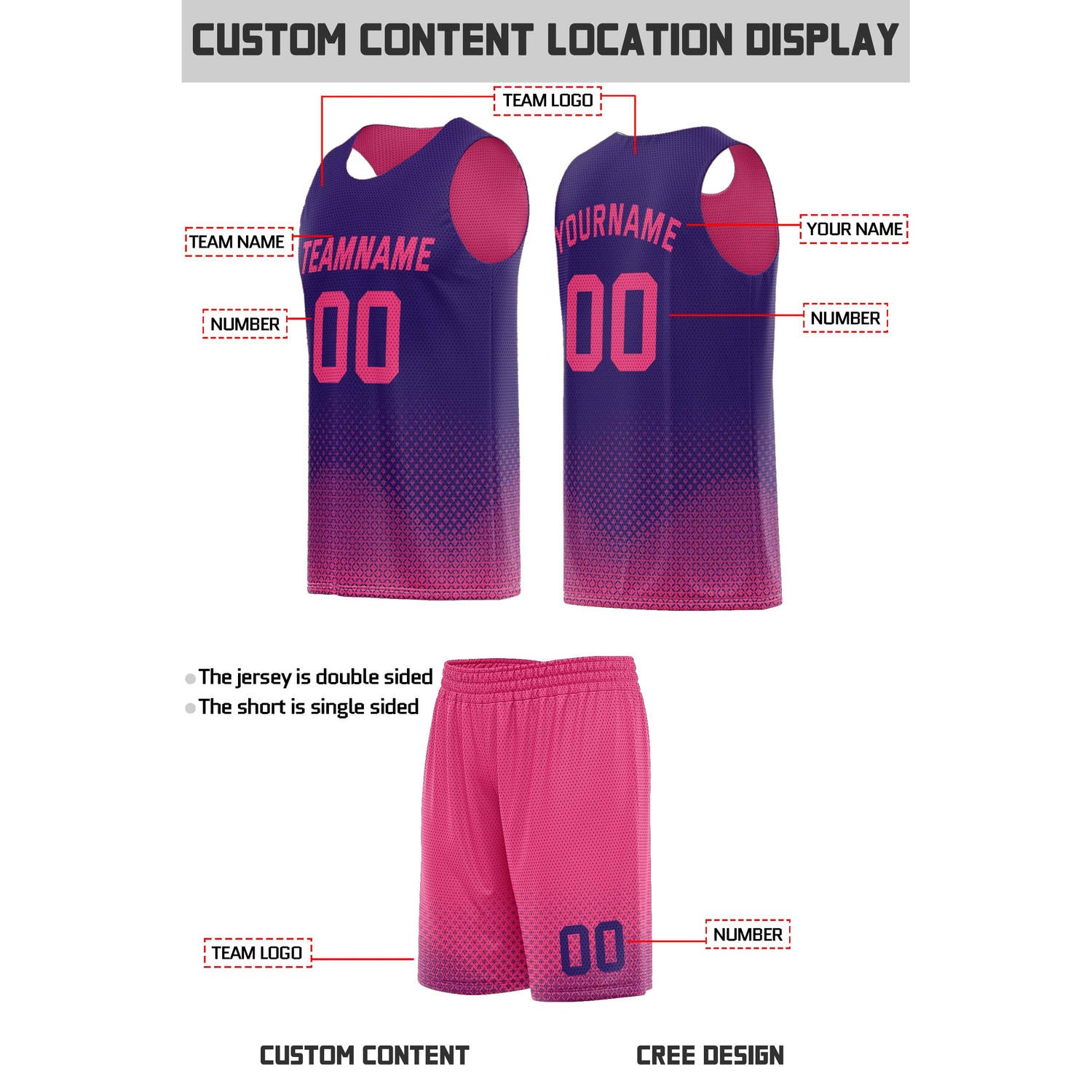 Custom Reversible Pink & Navy Mesh Basketball Uniform | Personalized Team Set | Vosoli