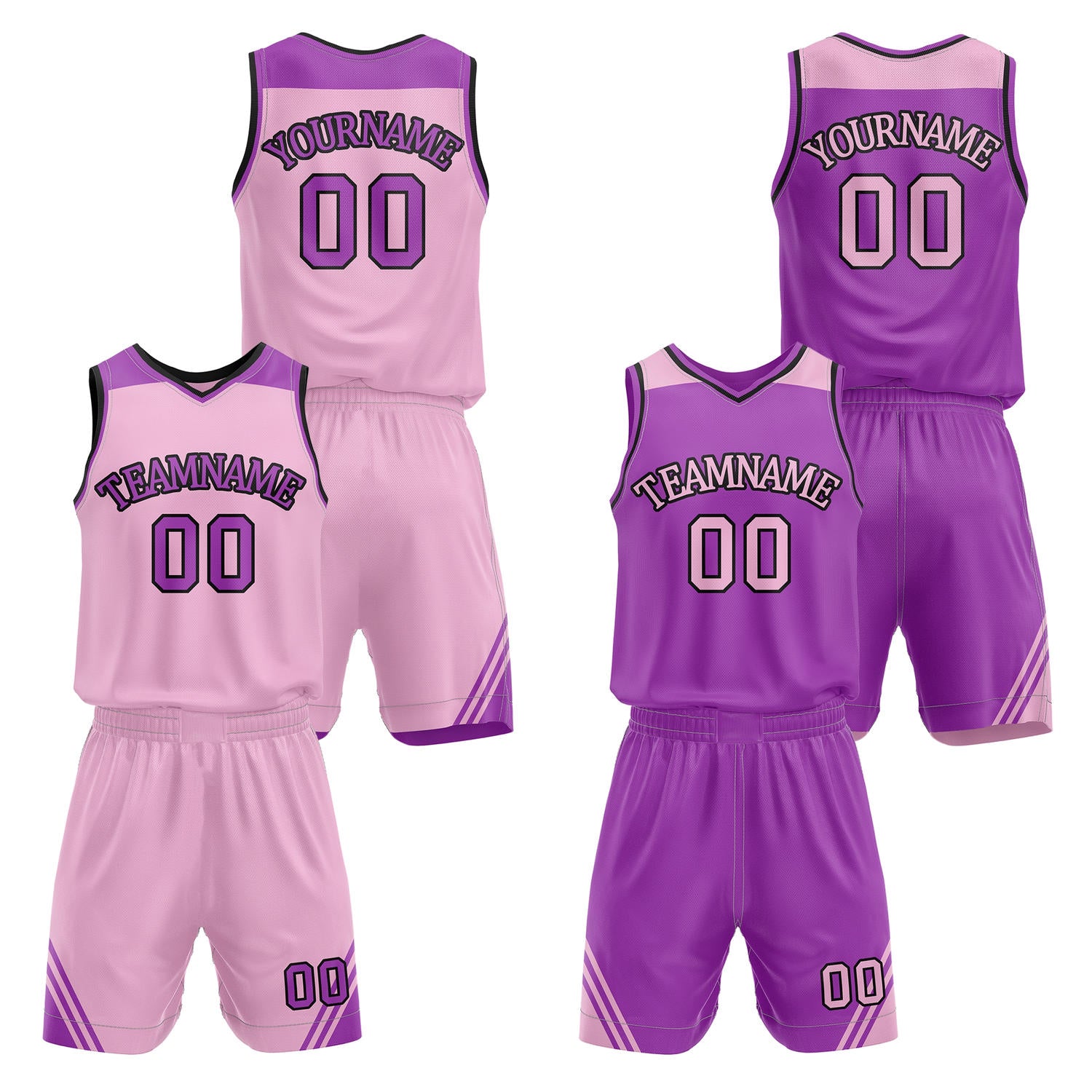 Custom reversible pink & purple basketball uniform set, personalized with team name number and logo, breathable mesh fabric for men women youth game practice - Vosoli