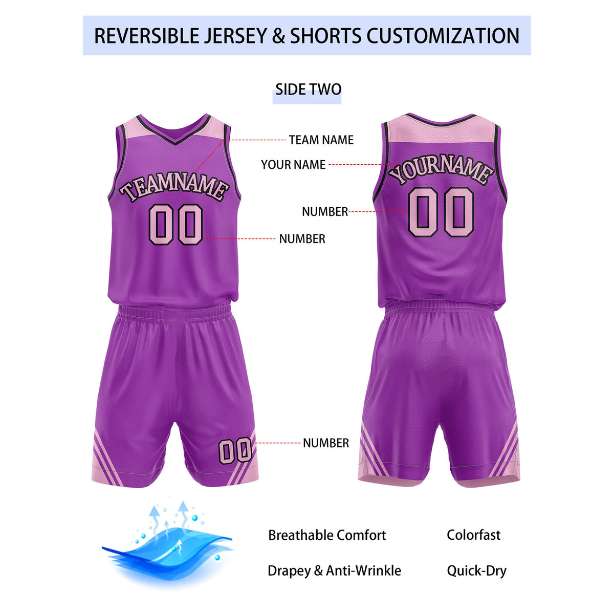 Custom Reversible Pink Purple Basketball Uniform Set | Team Name & Number - Vosoli
