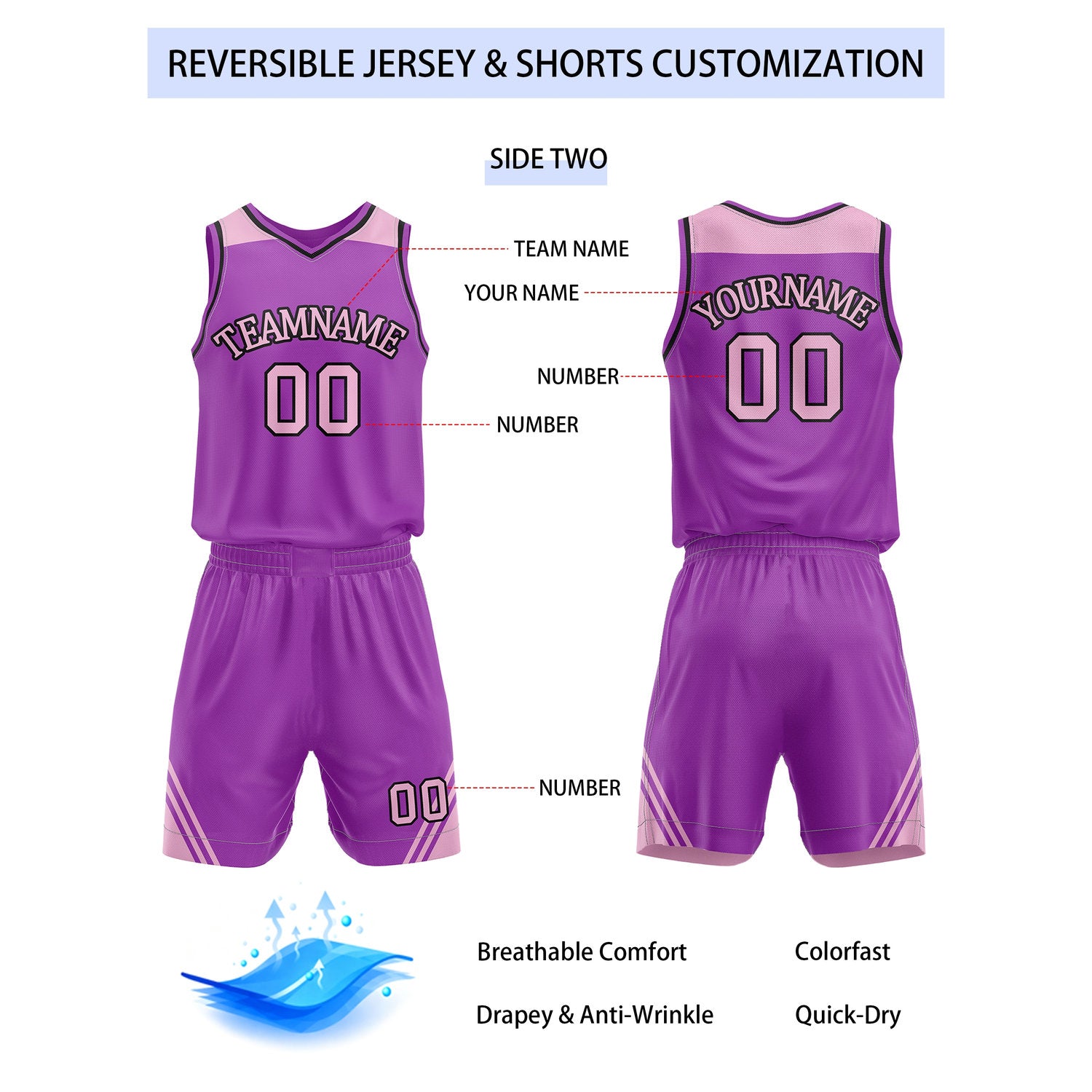 Custom Reversible Pink Purple Basketball Uniform Set | Team Name & Number - Vosoli