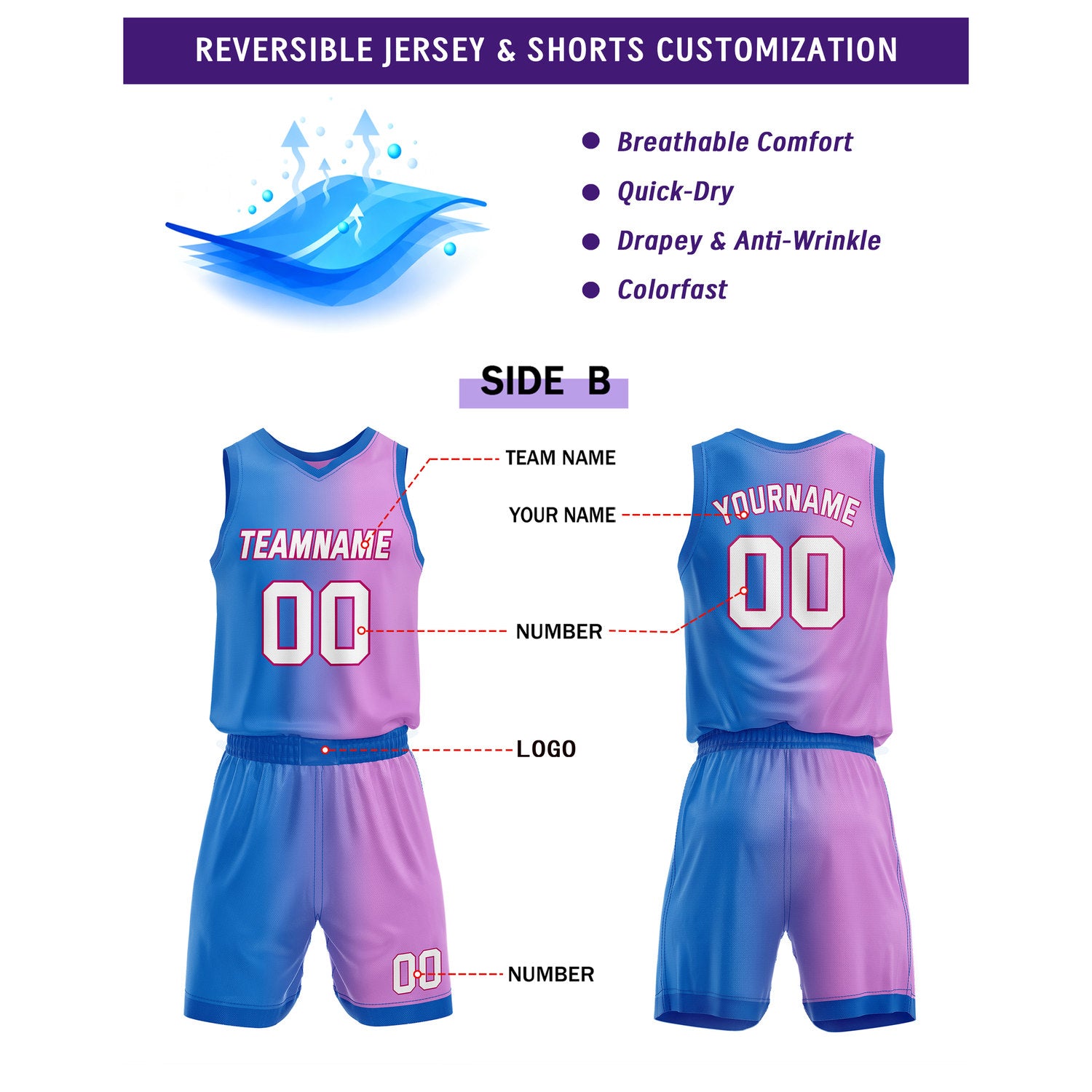 Custom Reversible Pink Purple Blue Basketball Uniform Set | Team & Player Name - Vosoli