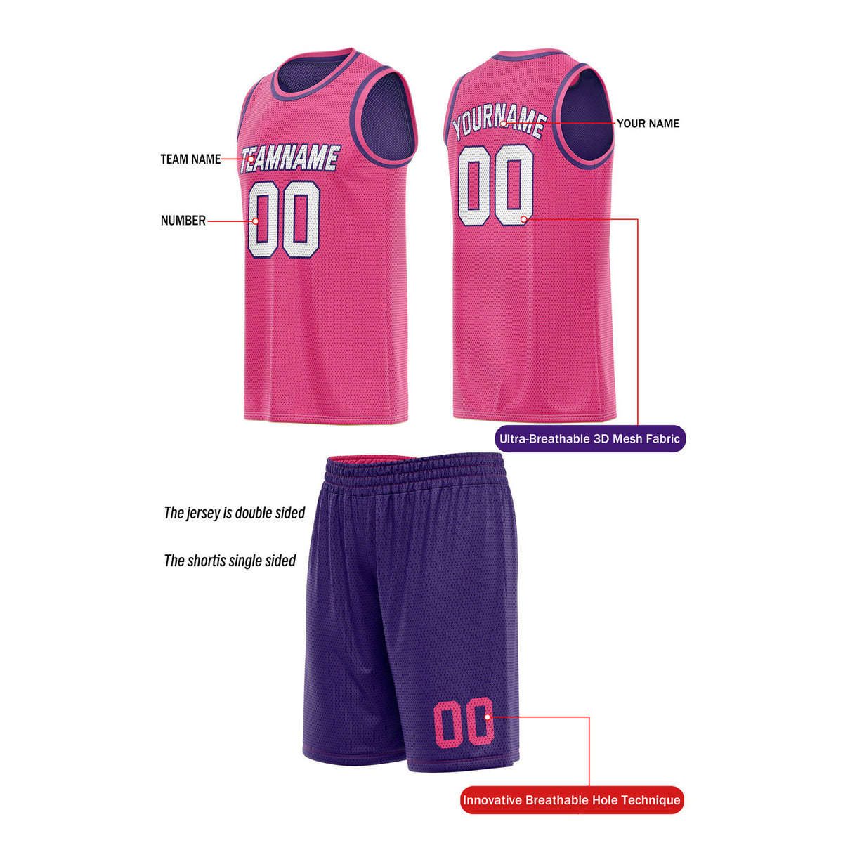 Custom Reversible Pink & Purple Basketball Uniform (Jersey + Shorts) | Personalized Team Set | Vosoli