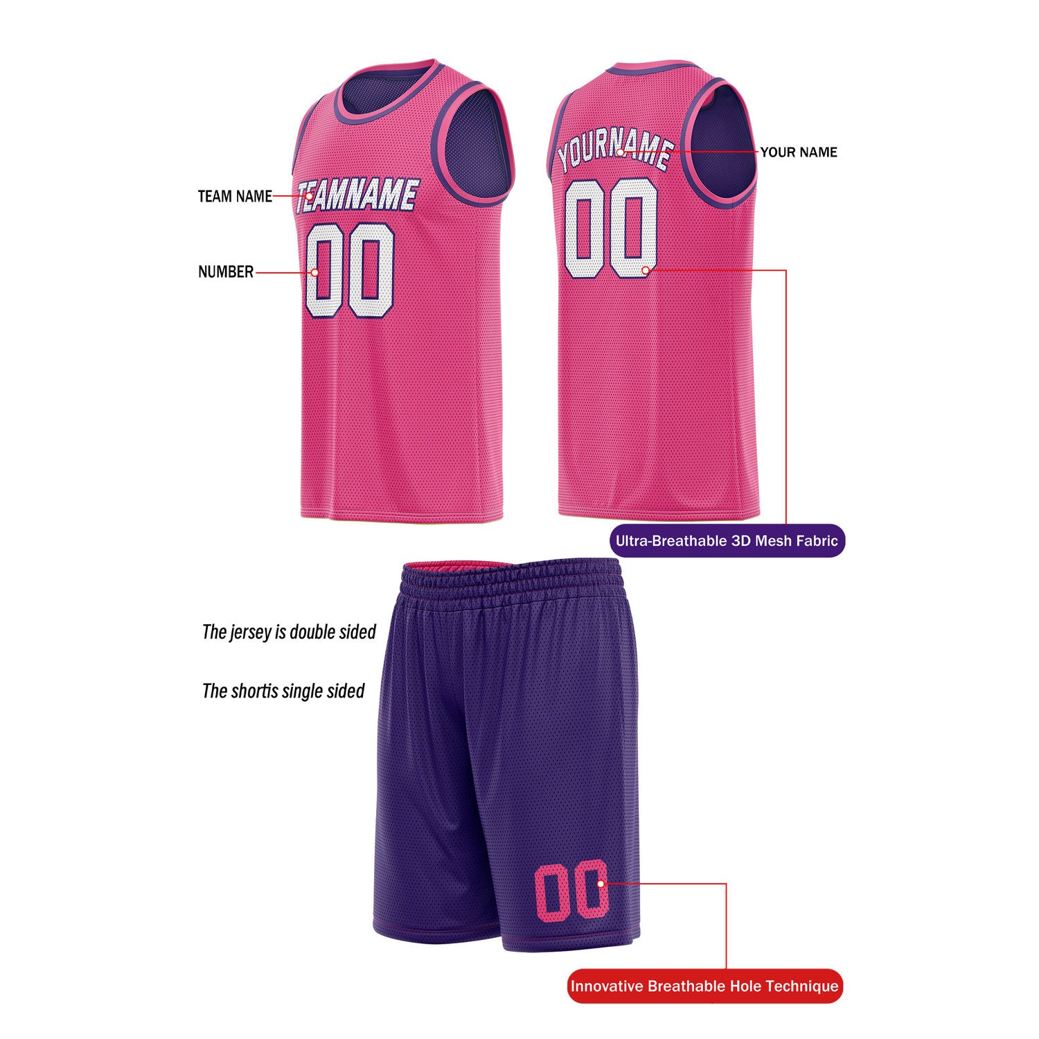 Custom Reversible Pink & Purple Basketball Uniform (Jersey + Shorts) | Personalized Team Set | Vosoli