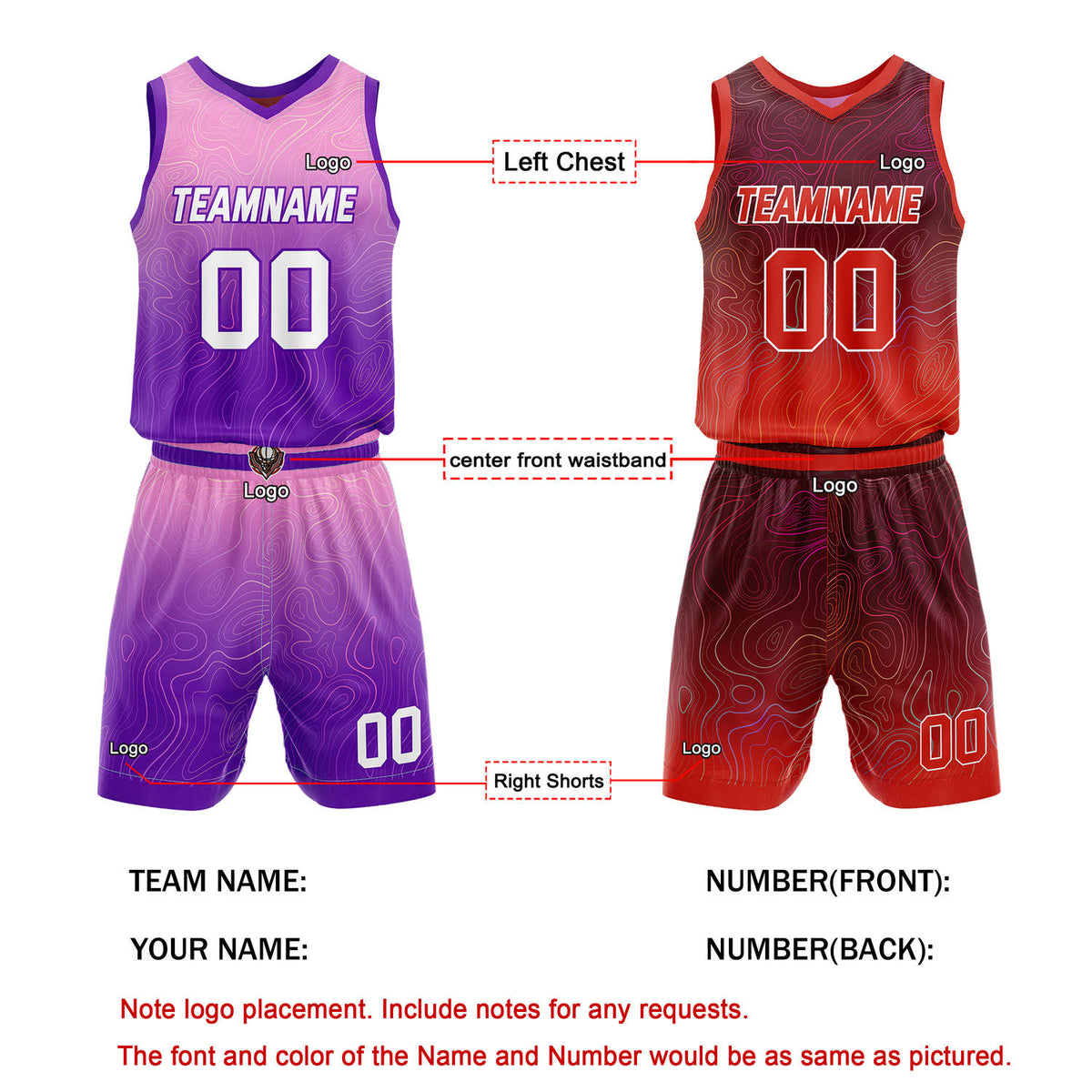 Custom Reversible Pink-Purple & Red Gradient Wave Basketball Jersey Set - Personalized Team Name, Number & LOGO | Vosoli