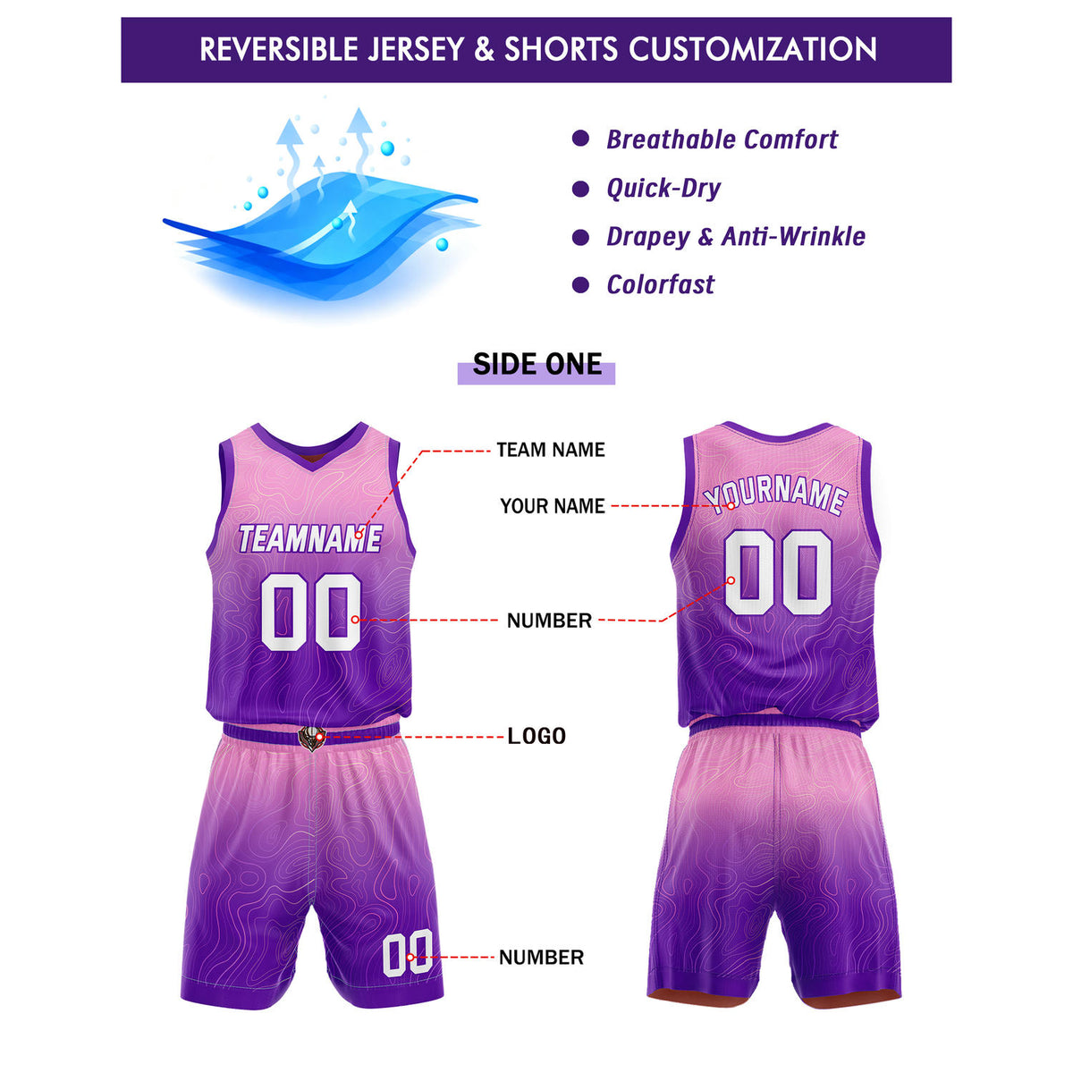 Custom Reversible Pink-Purple & Red Gradient Wave Basketball Jersey Set - Personalized Team Name, Number & LOGO | Vosoli