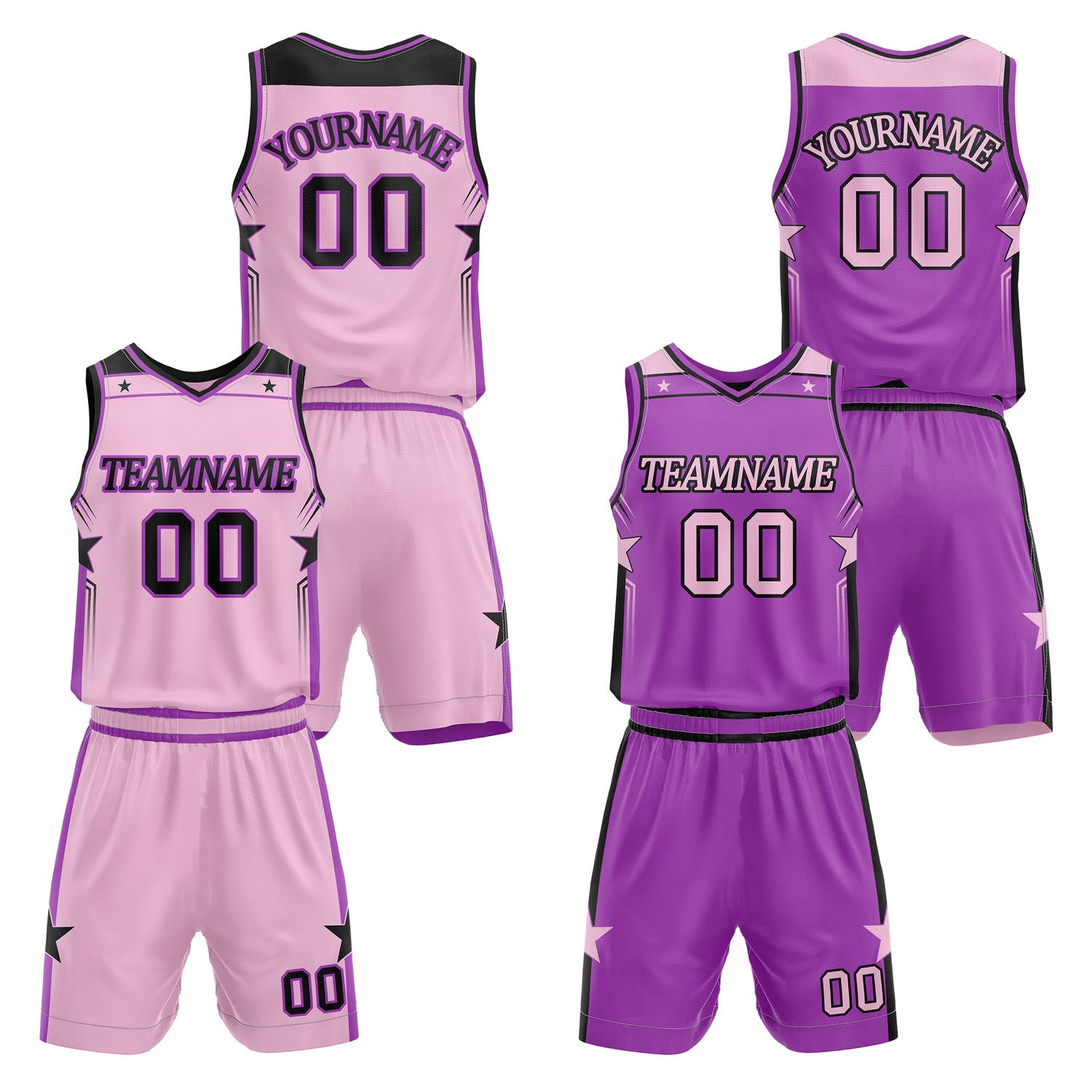 Custom reversible pink & purple basketball uniform set, personalized with team name number and logo, breathable mesh fabric for men women youth game practice - Vosoli