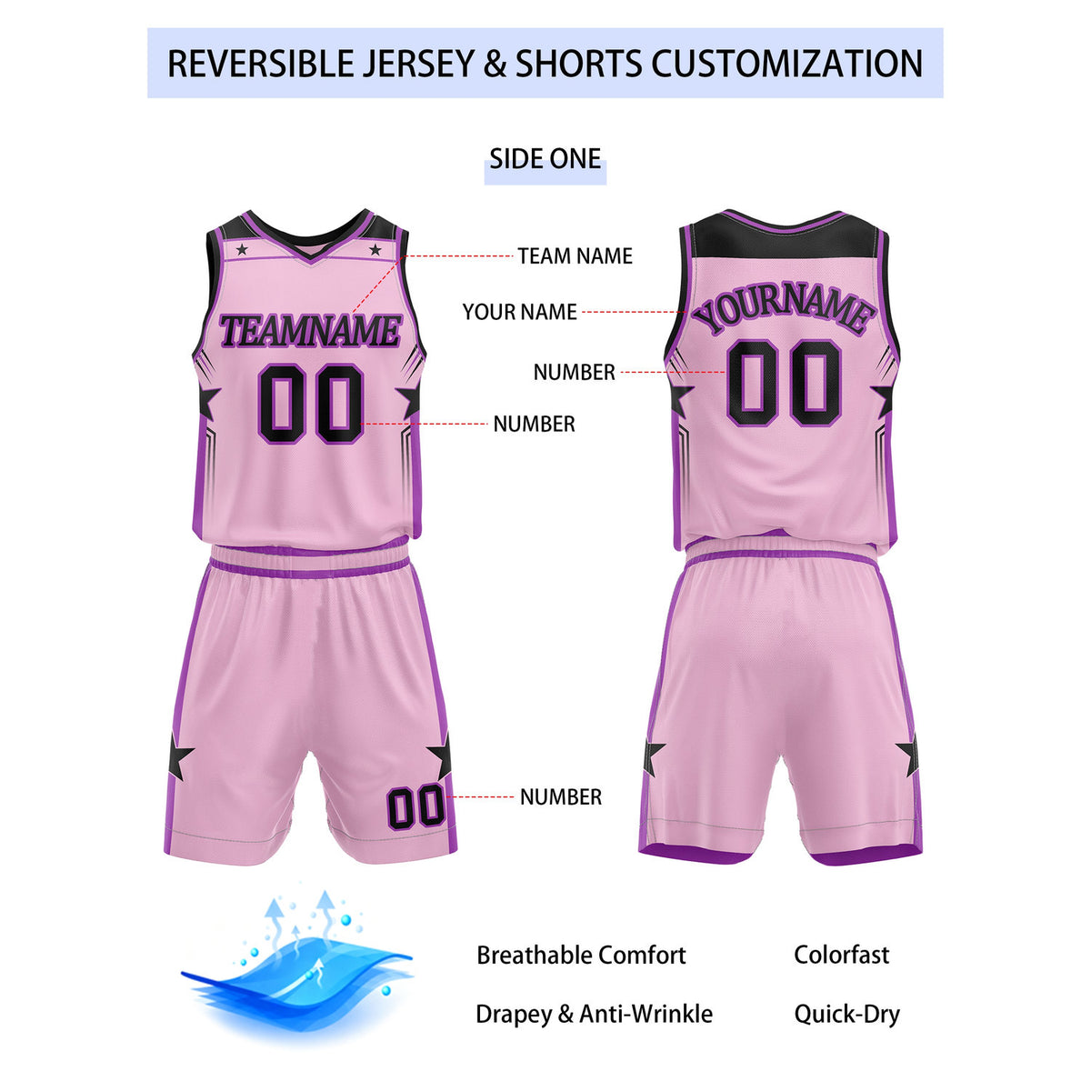Custom Reversible Pink Purple Star Basketball Uniform Set | Team Name & Number - Vosoli