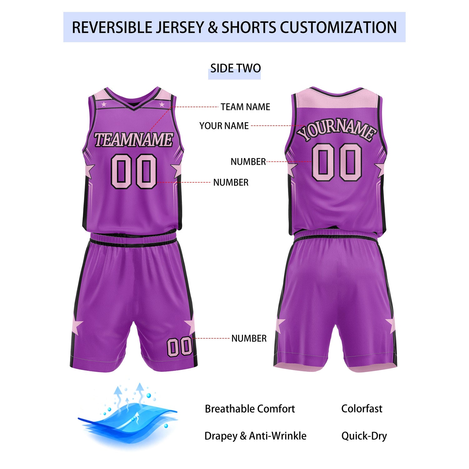 Custom Reversible Pink Purple Star Basketball Uniform Set | Team Name & Number - Vosoli