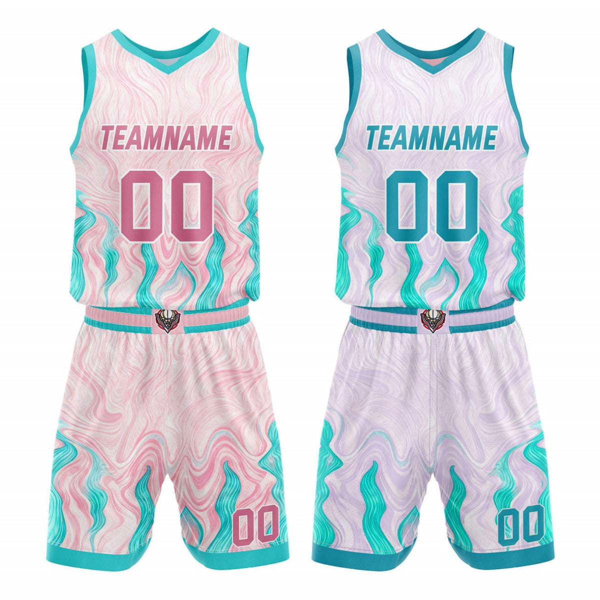 Custom Reversible Basketball Jersey + Shorts Set (Pink &amp; Purple &amp; Teal Wave) - Personalized Team Name, Number &amp; LOGO | Vosoli